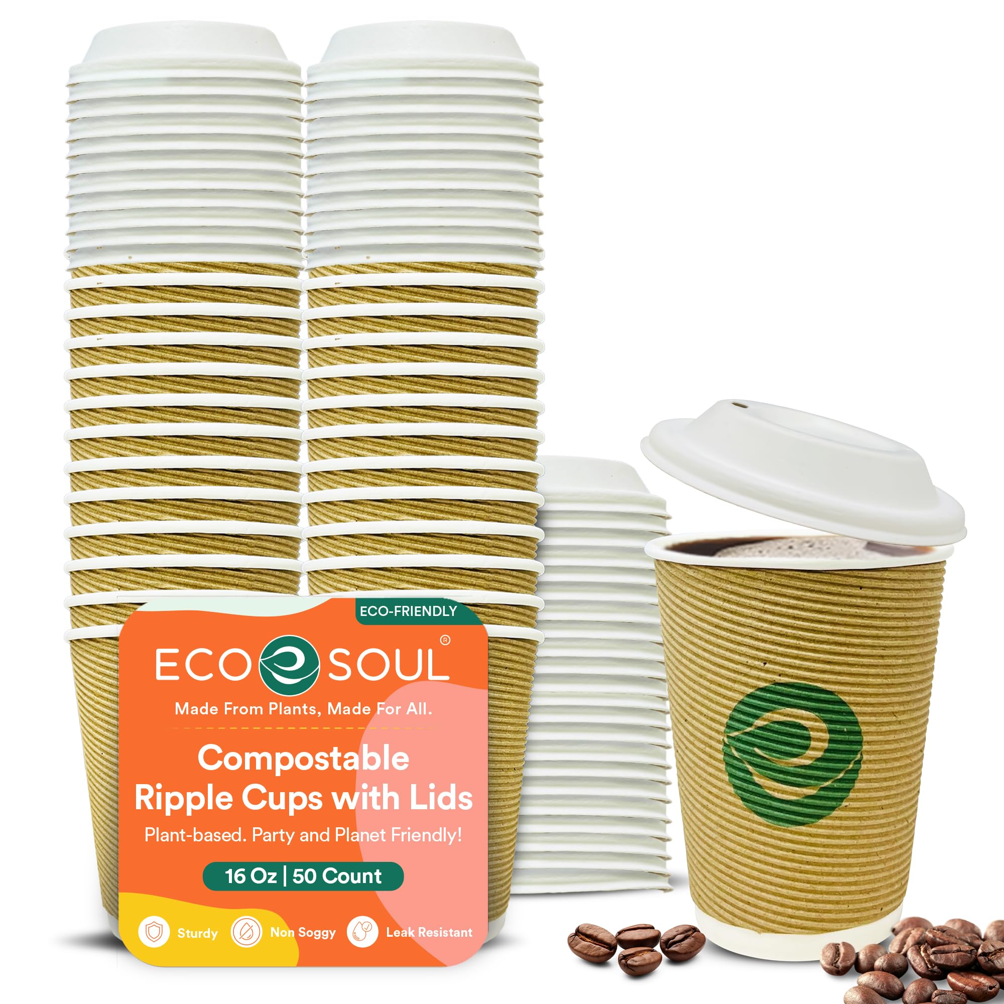 ECO SOUL Bicchieri ondulati compostabili - 475 ml, con coperchi compostabili (50)