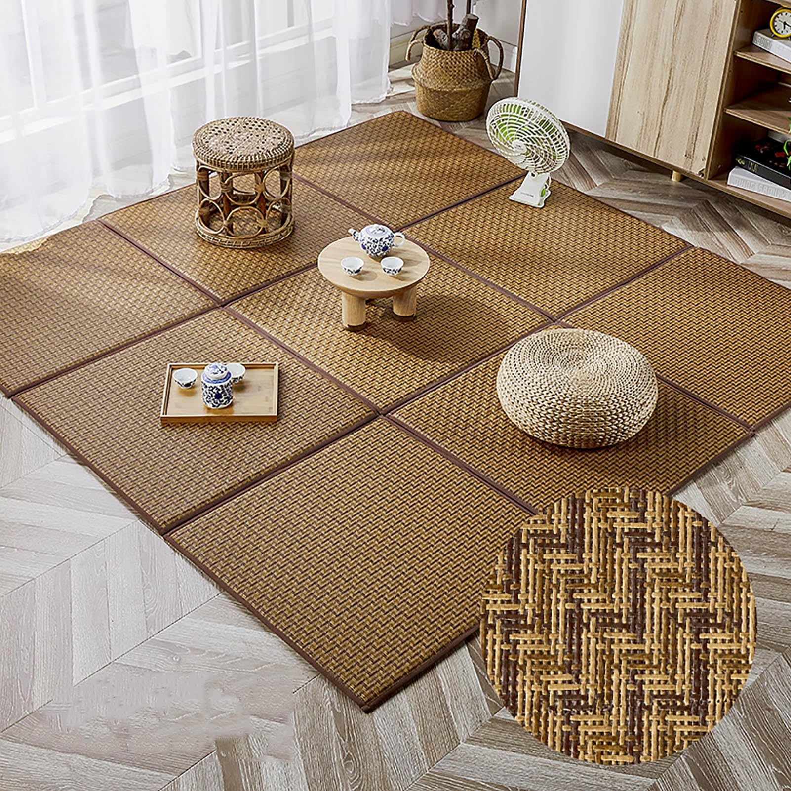 Tatami Tapis de sol antidérapant et pliable en rotin pour salon et chambre à coucher, tapis de jeu d'été avec sac de rangement, idéal pour ramper (8 pièces, 50 cm x 50 cm)