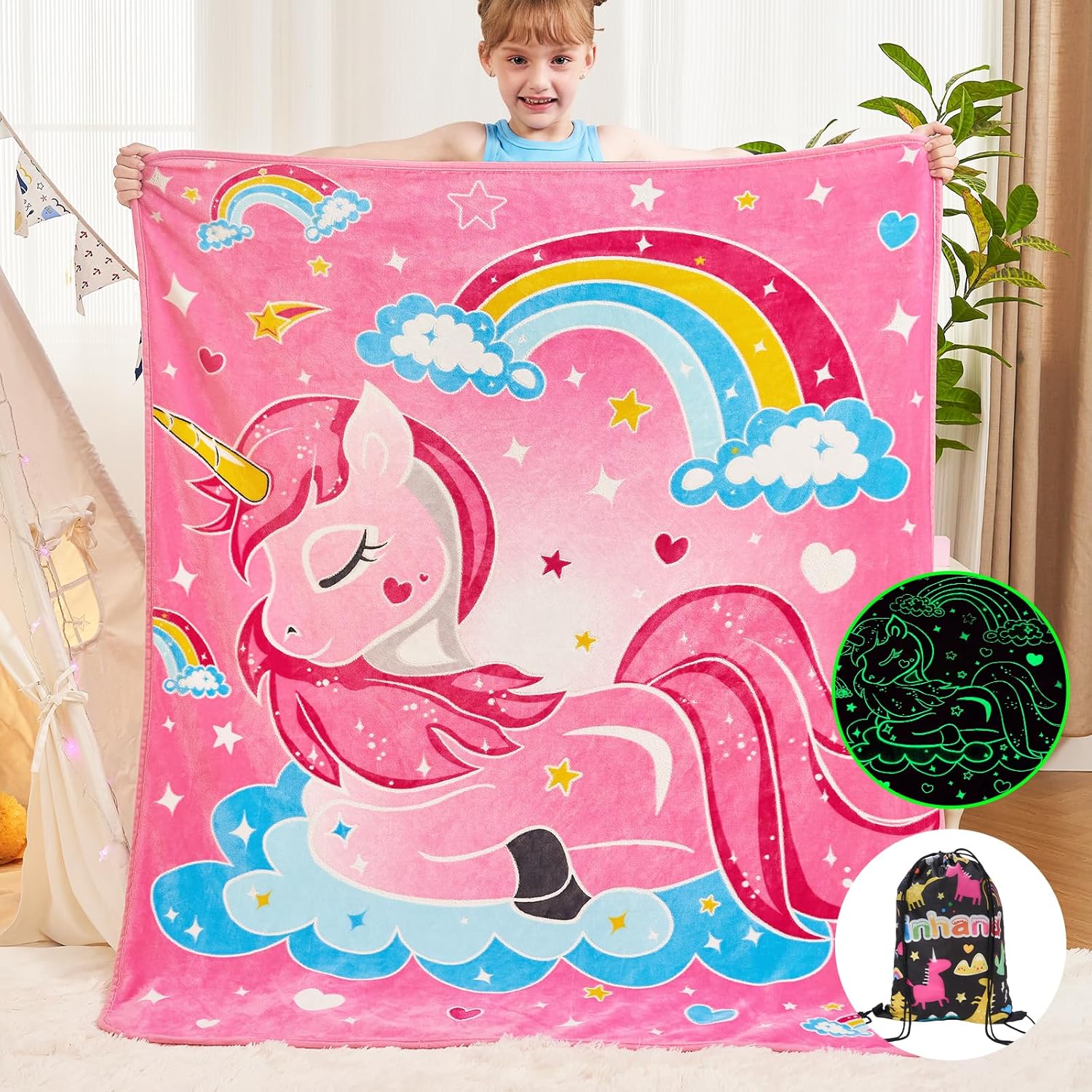 inhand Glow in The Dark Unicorn Blanket, Soft Kids Throw