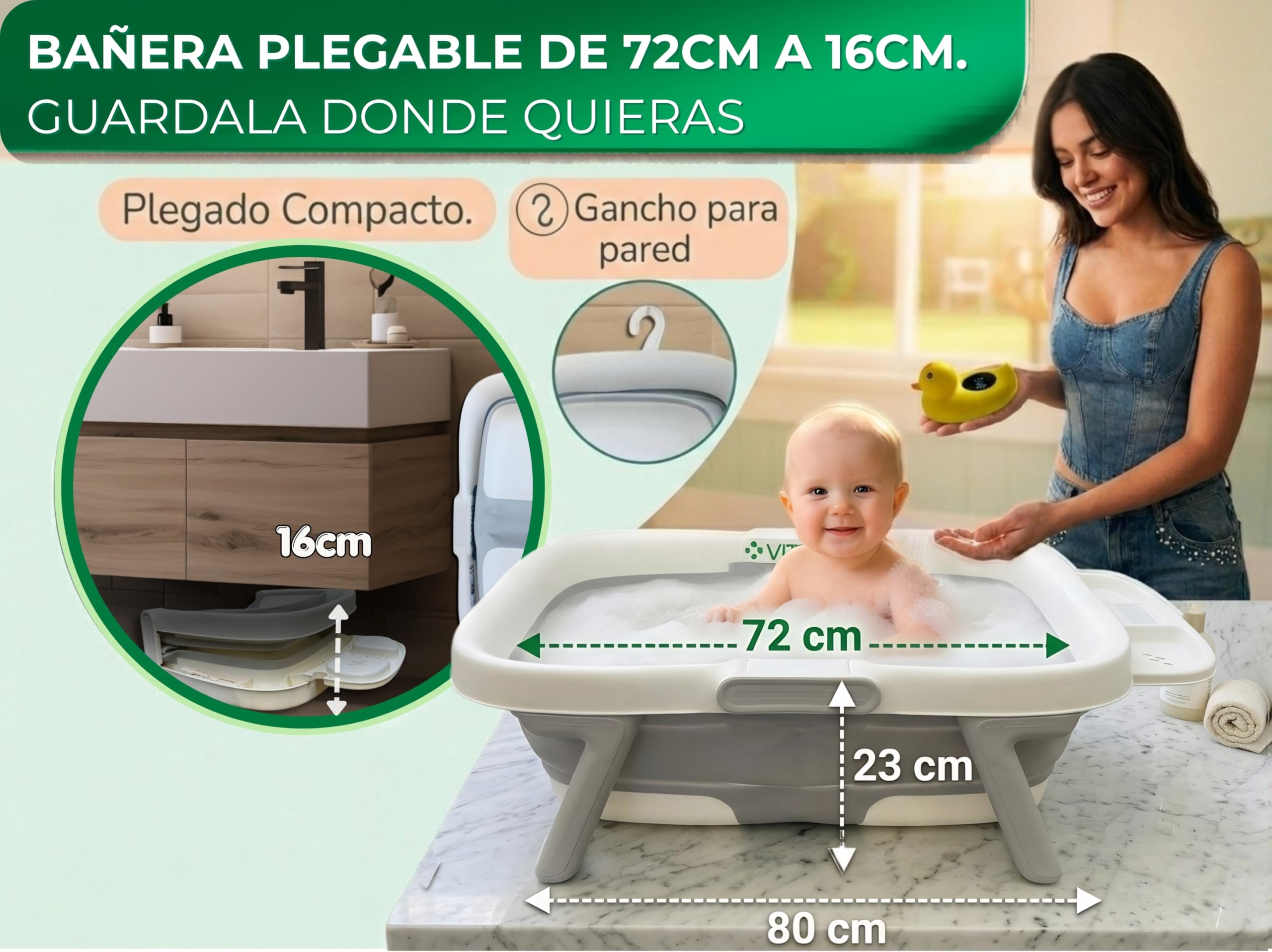 Bañera Plegable Bebé 0–36 Meses con Cojín Antideslizante, Termómetro sin Cables y Juguete | Grande, Segura y Compacta