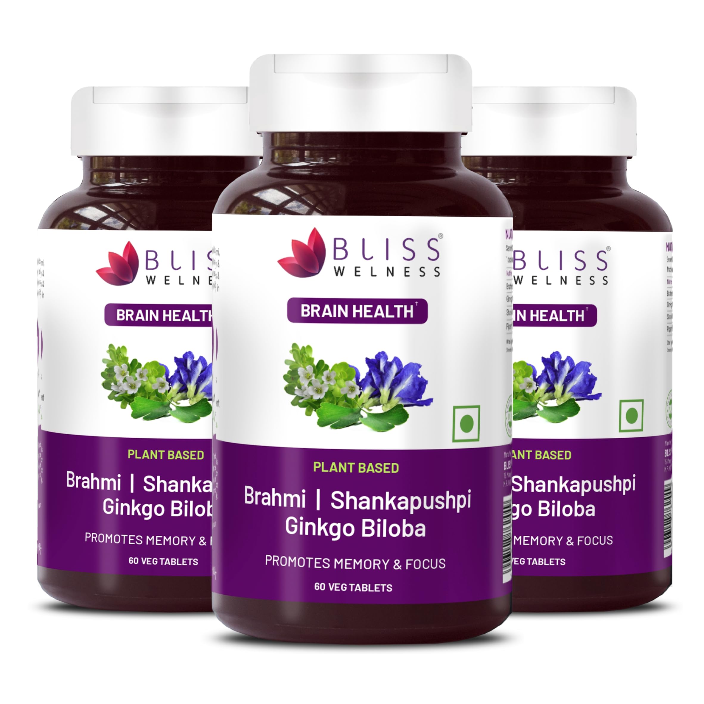 Bliss Welness Brain Booster | Memory, Focus & Concentration Support | Nootropic Supplement for Anxiety Relief & Calmness, Mood Support | Brahmi, Shankpushpi, Ginkgo Biloba & Piperine (3 Month Pack (180 Tablets))