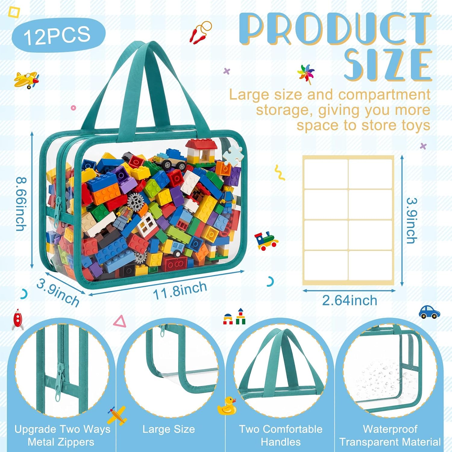 12 Pack Large Toy Storage Bags with Labels, Reusable Clear PVC Toy Organizer with Zipper, Large Colord Waterproof Reusable Bags for Building Blocks, Puzzle, Stationery, Kids Books