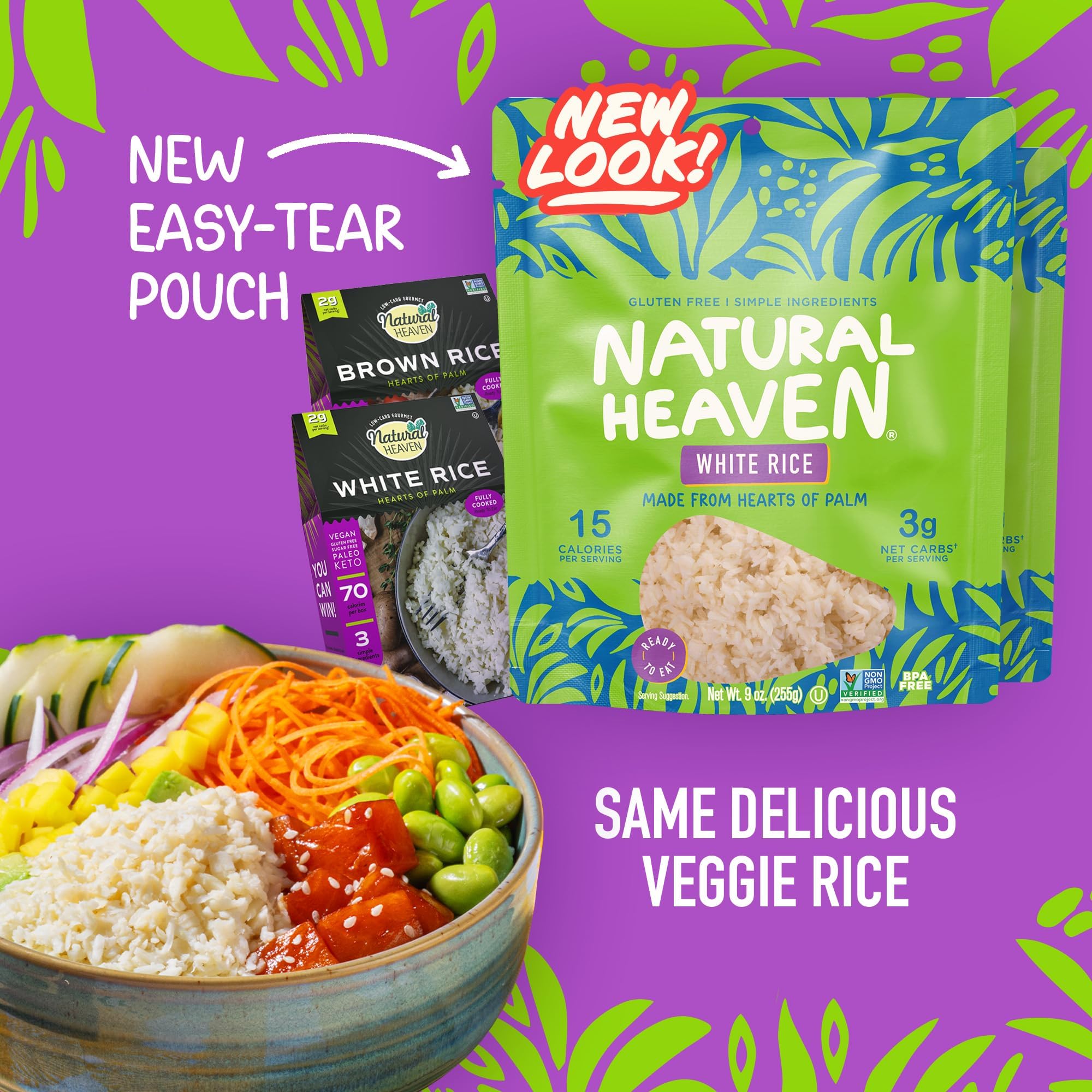 Natural Heaven White & Brown Rice, Hearts of Palm Variety 6-Pack – Naturally Rich in Potassium, Low-Calorie Veggie Rice, Keto & Gluten-Free Food, Vegan, 9 Oz