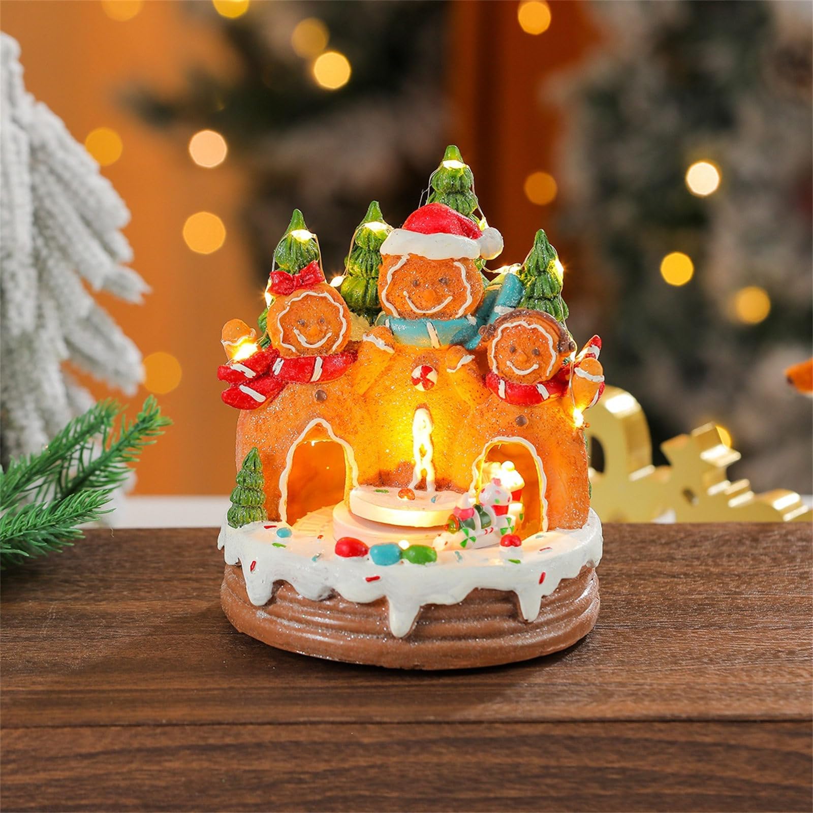 PANGBOER Decoración navideña con USB o batería, Caja de música giratoria, Adorno de con Estilo de Resina LED cálido para estantes, Casas navideñas iluminadas, Caja de música, Centro de Giratorio