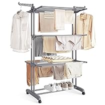 SONGMICS Stendibiancheria, Stendino Pieghevole a 4 Livelli, con Ruote e Ali Richiudibili, 63,5 x 128 x 173 cm, Capiente, Uso Interno ed Esterno, Grigio LLR701G01