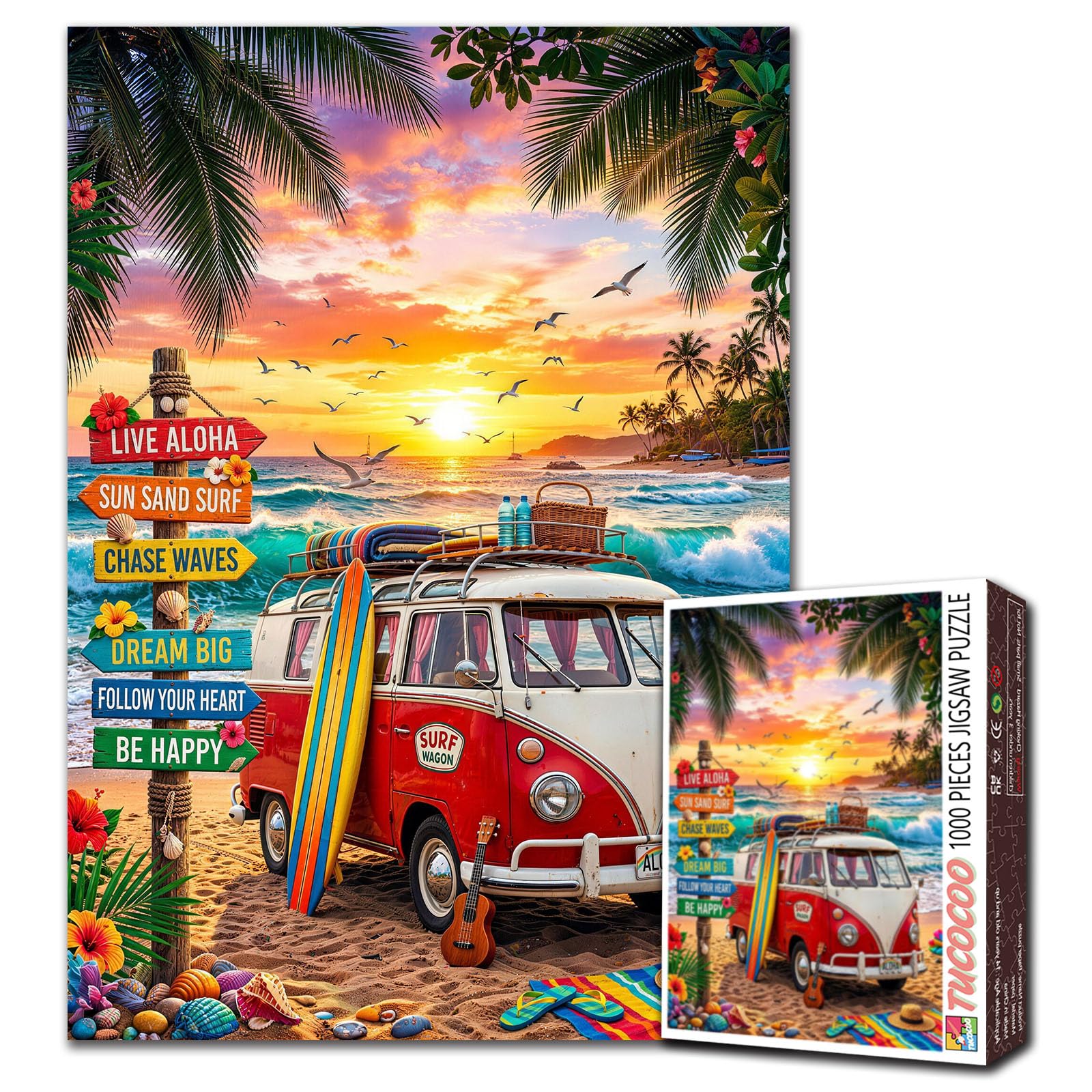1000 Piece Jigsaw Puzzles for Adults Tropical Paradise Jigsaw Puzzle Retro Surf Van 1000 Pieces Puzzles Hawaii Beach Decor DIY Craft Bedroom Decor 19.7"x27.6" โ image 1