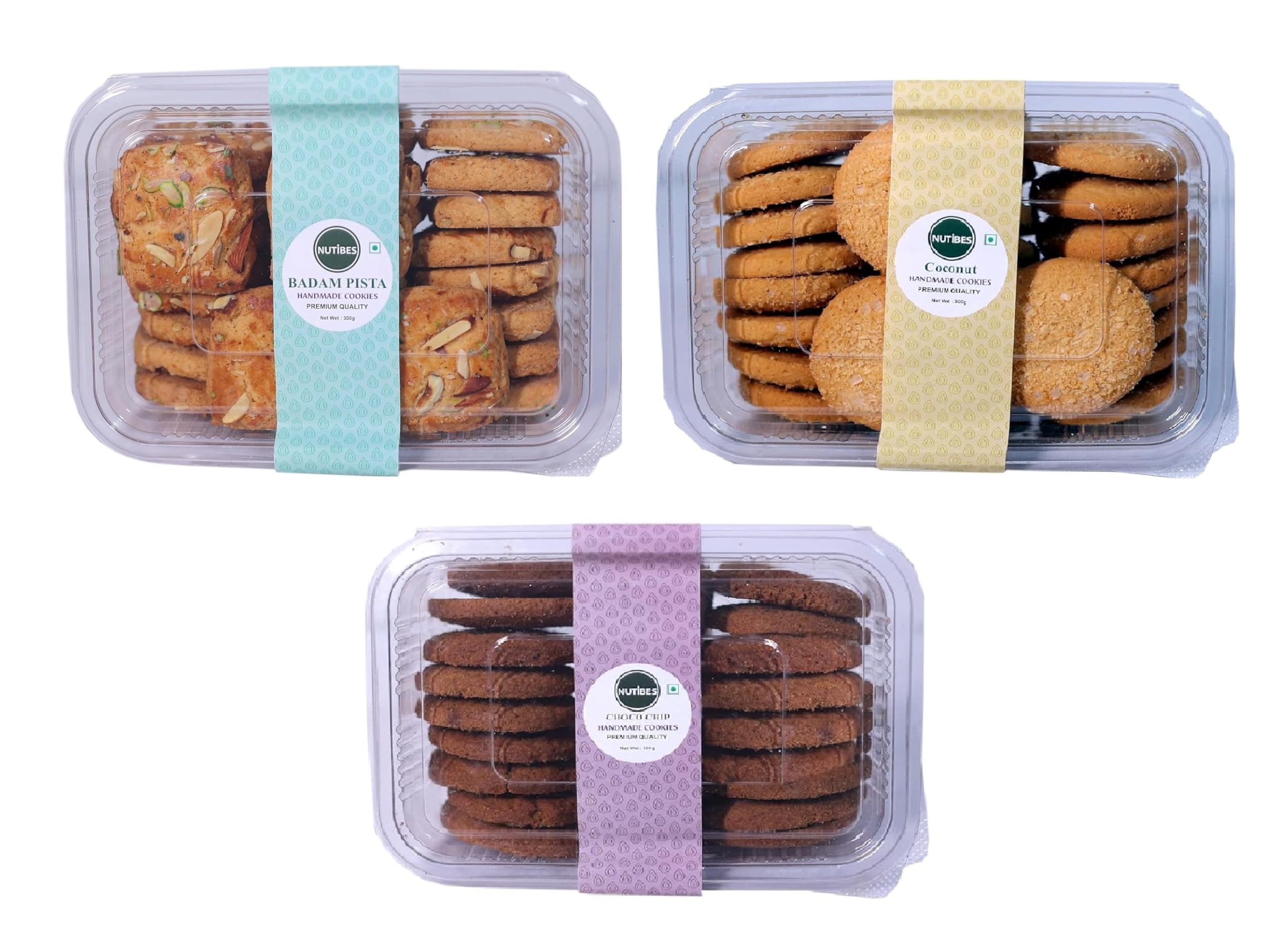 Nutibes Badam Pista, Coconut & Choco Chip Cookies Premium Handmade Cookies | Biscuits | No Preservatives Or Artificial Colours Added - 300 Grams Each Box (Pack Of 3) (B0D9S16GMN) Amazon Price History, Amazon Price Tracker