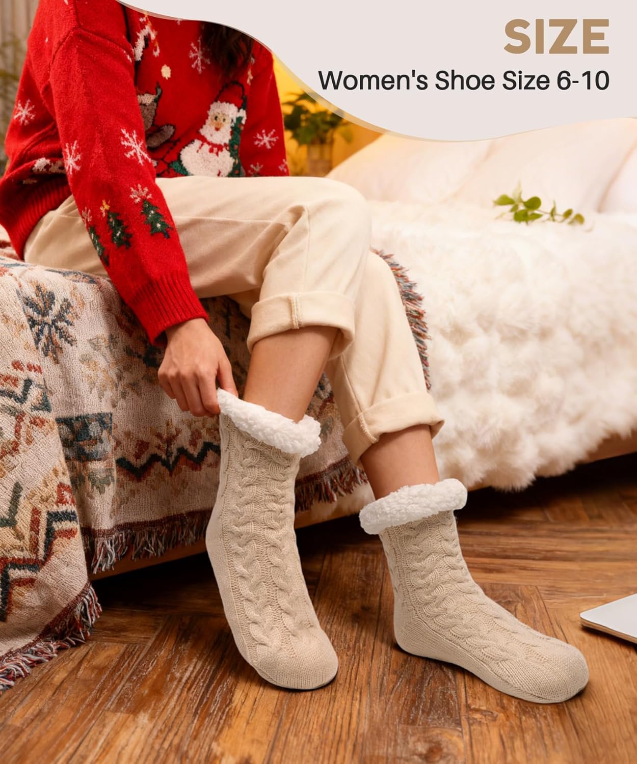 Slipper Socks for Women with Grippers Non Slip, Winter Thick Thermal Fuzzy Socks, Warm Cozy Fleece-Lined House Sock - Image 2