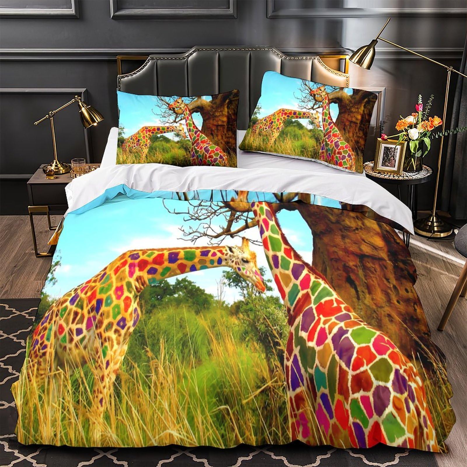 Housse de couette girafe imprimé faune drap de lit microfibre 200x200cm