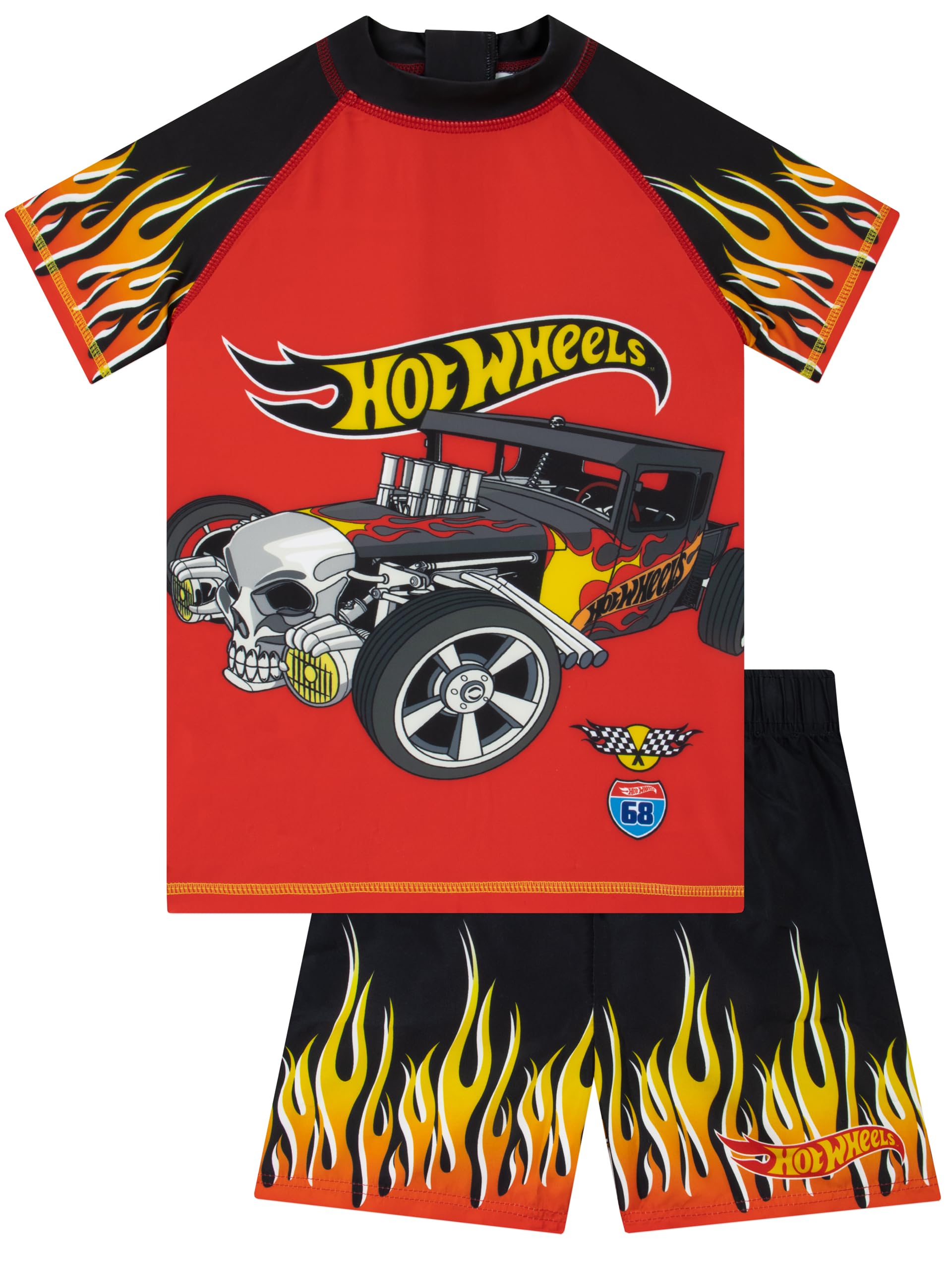 Hot Wheels Boys Red Swimming Costume, Short Sleeve Swim Set, Car Kids Rash Vest And Swim Shorts, 7-8 Years
