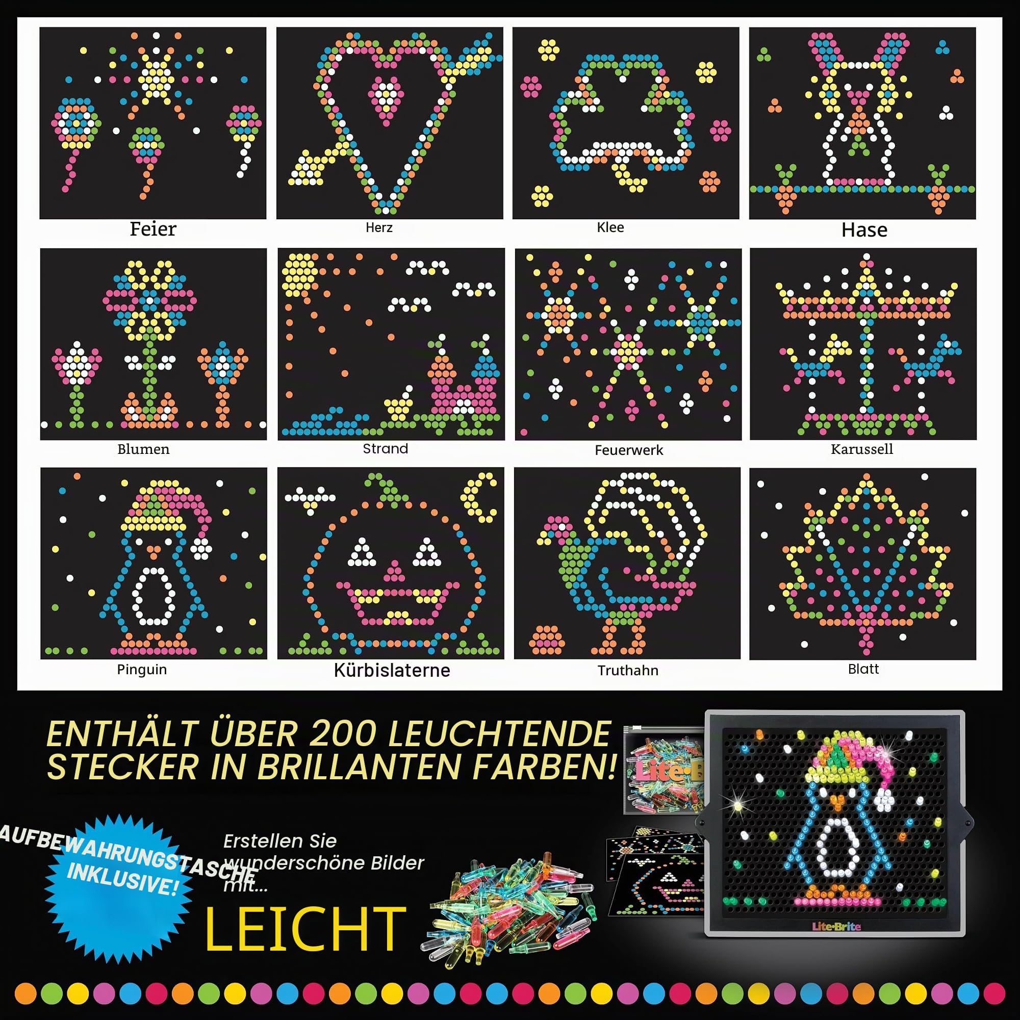 Lite Brite Ultimate Value Retro-Spielzeug, 12 saisonale Vorlagen, Wäscheklammerbeutel, Amazon exklusiv, leuchtendes kreatives Aktivitätsspielzeug, pädagogisches Stiel, Geschenk für Mädchen und Jungen,