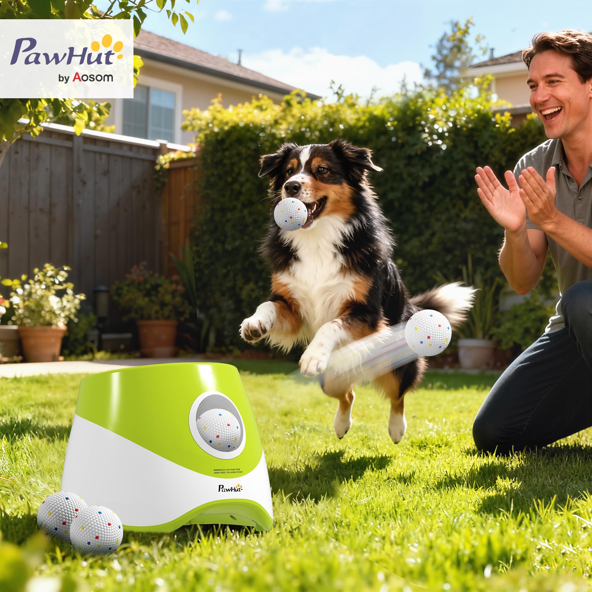 Lanzador automático de Pelotas para Perros PawHut con 5 Pelotas de Tenis ETPU, Lanzador de Pelotas para Perros con 3 ajustes de Distancia (6 m/10 m/14 m), Juguete Interactivo para Interior y Exterior