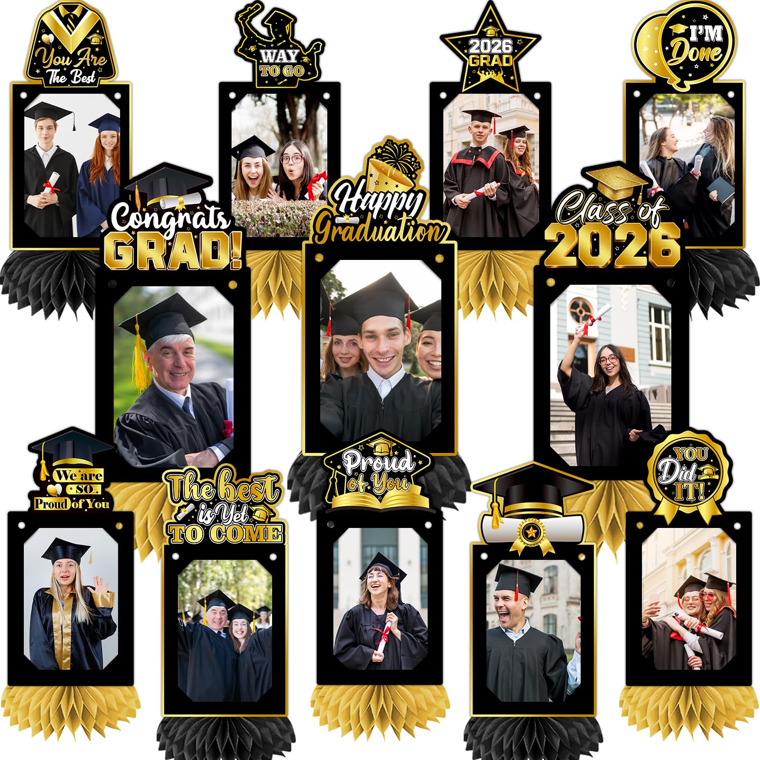 12Pcs Black and Gold Graduation Decorations Honeycomb Centerpieces for Photo Toppers, Graduation Centerpieces 2026, Graduation Decorations Honeycomb