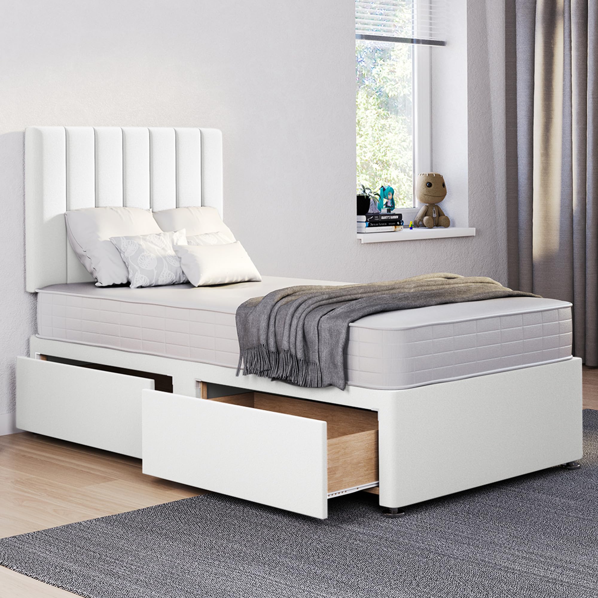 ComfoRest Single Bed with Mattress & 2 Drawers - 3FT - (White Plush) - Stylish Set for Modern Bedrooms - Functional Frame with Storage - Space-Saving Solution for Compact Rooms