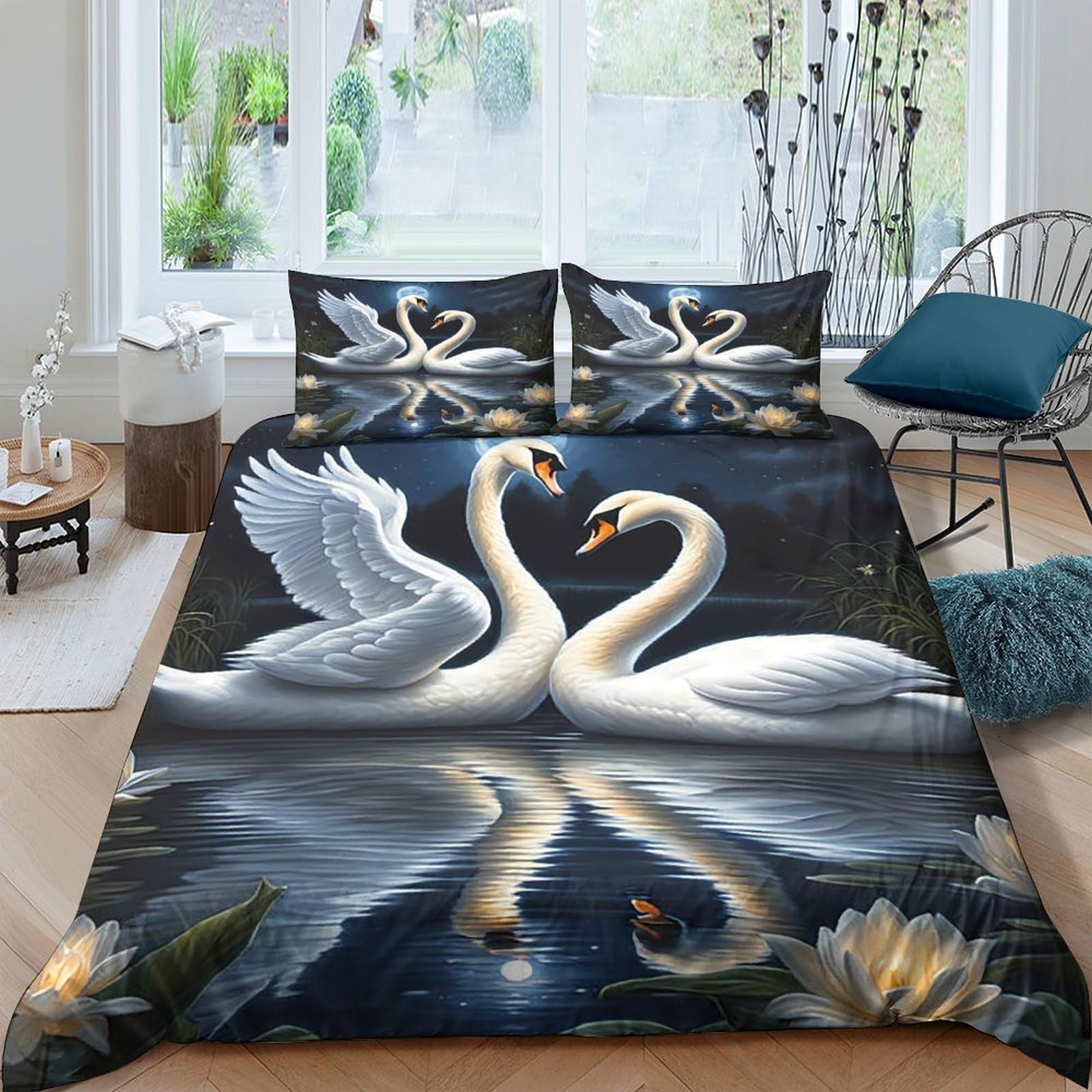 Housse de couette cygnes anti-plis en microfibre légère pour un lit King sans repassage