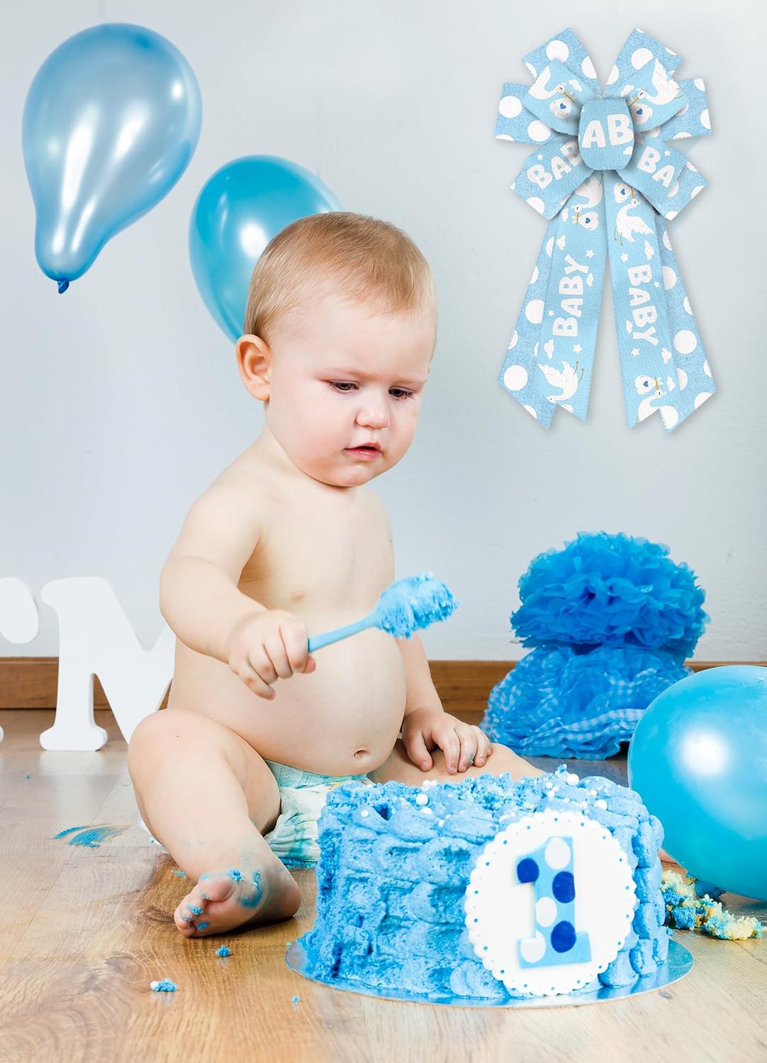 2 Rolls Baby Boy Linen Blue Diaper Cake Ribbon - Stork Baby Shower Wired Ribbon for Gender Reveal Party, Family Surprise, Craft Gift Wrapping Decoration Supplies - 10 Yard image 3