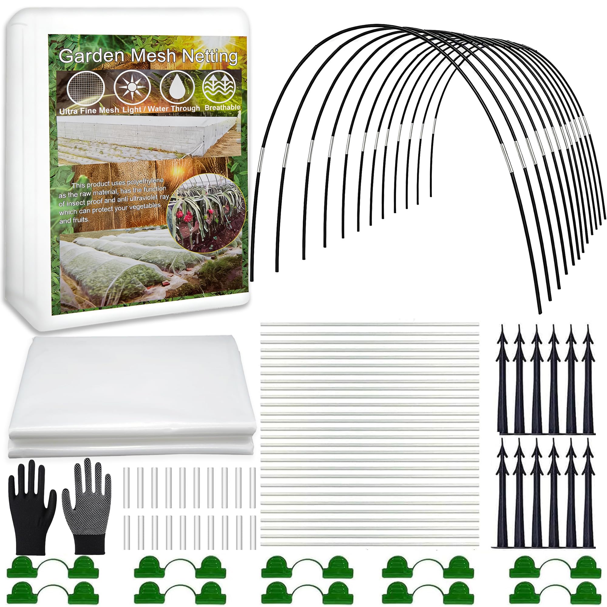 Shengruili 30Pcs Pflanztunnel Bögen,3X10M Insektenschutznetz,Folientunnel für Hochbeet,Gemüsenetz Garten,Pflanzenschutznetz,Netz für Pflanzen Gemüse,Gartennetz Insektennetz für Beschützen Gemüse Obst