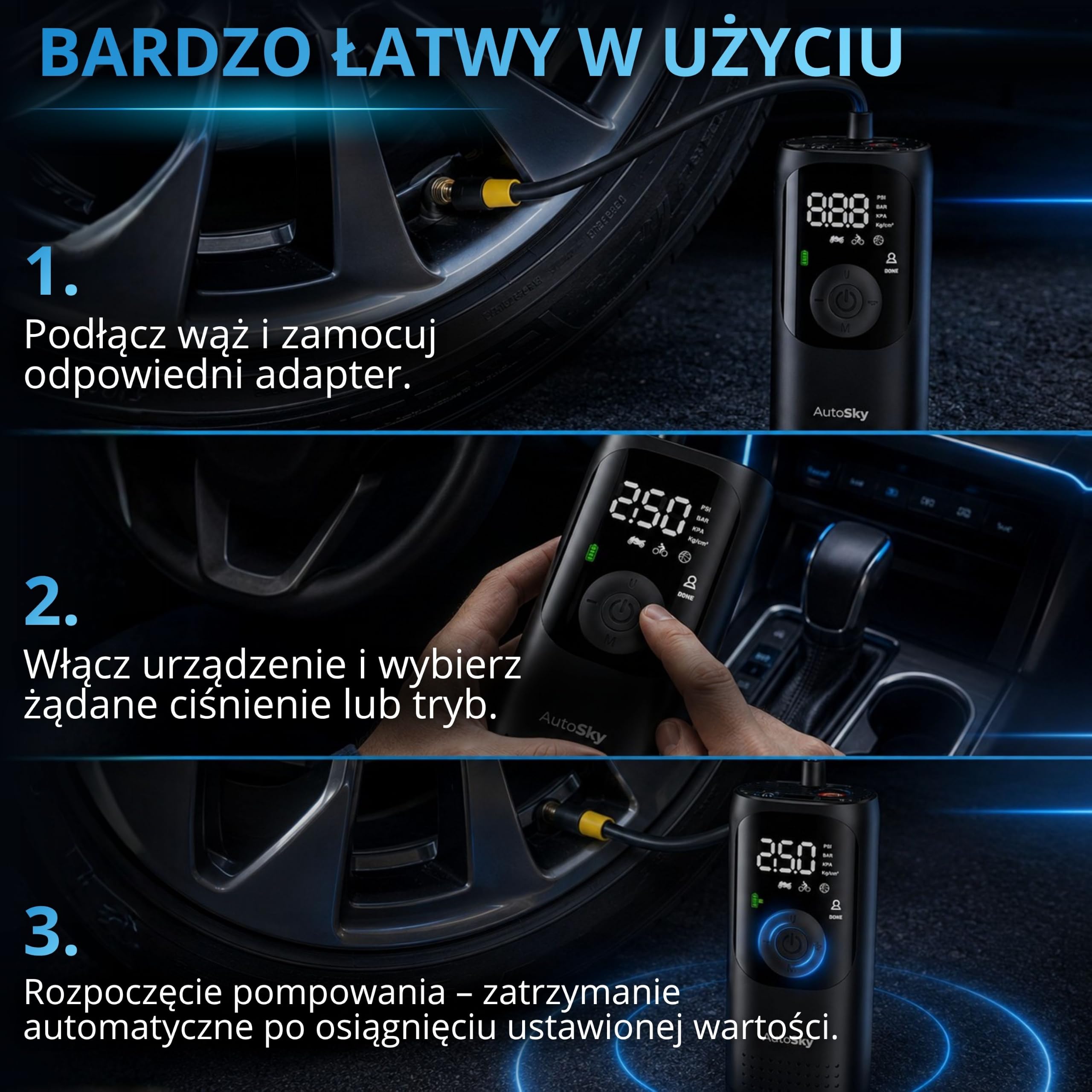 AutoSky Przenośna pompka do opon i sprężarka powietrza – elektryczna pompka powietrza do samochodu, motocykla, roweru i piłek, z powerbankiem i latarką LED, kompaktowa i mobilna