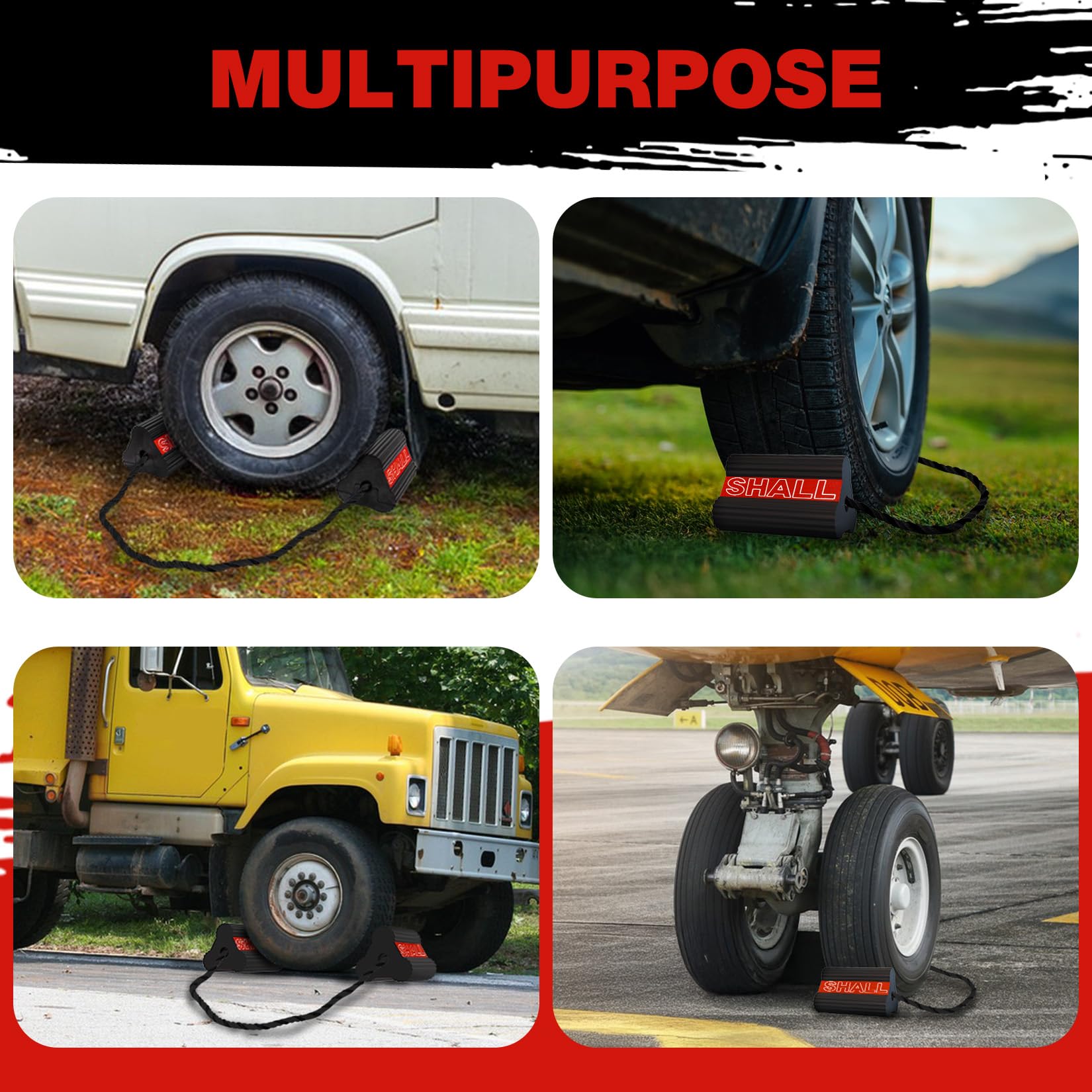 SHALL Cunei per ruote, in gomma resistente, con 3 strisce riflettenti, blocco solido per camper, camion, auto, aerei, confezione da 2 paia/4 pezzi con corda, rosso