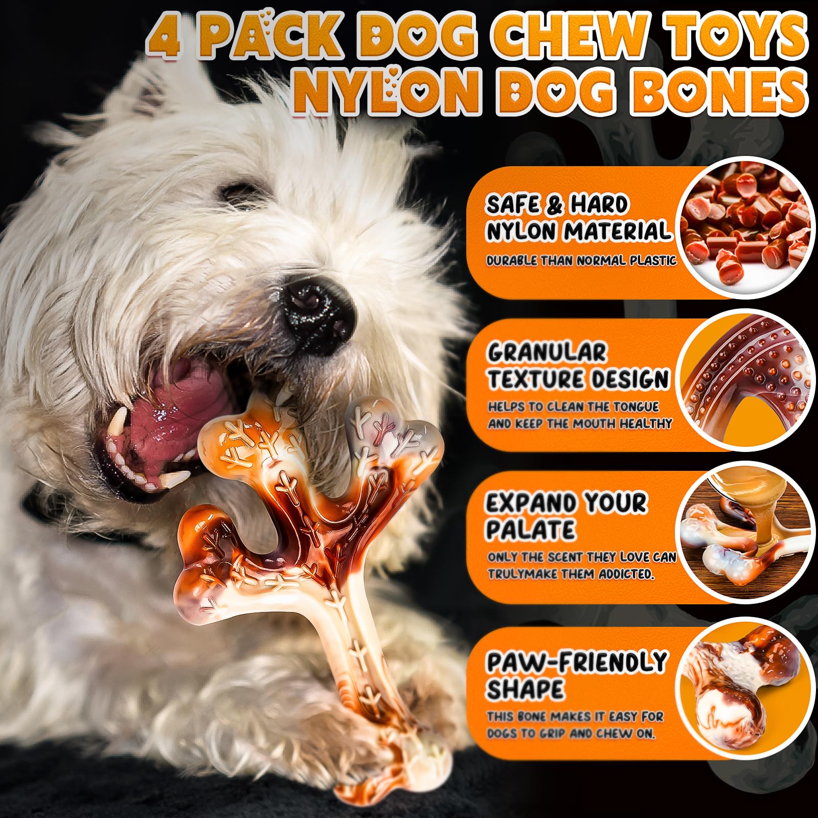 Paquete de 4 juguetes masticables para perros para masticadores agresivos, juguetes indestructibles para razas grandes, medianas y pequeñas, masticables duraderos con sabor a tocino, huesos de