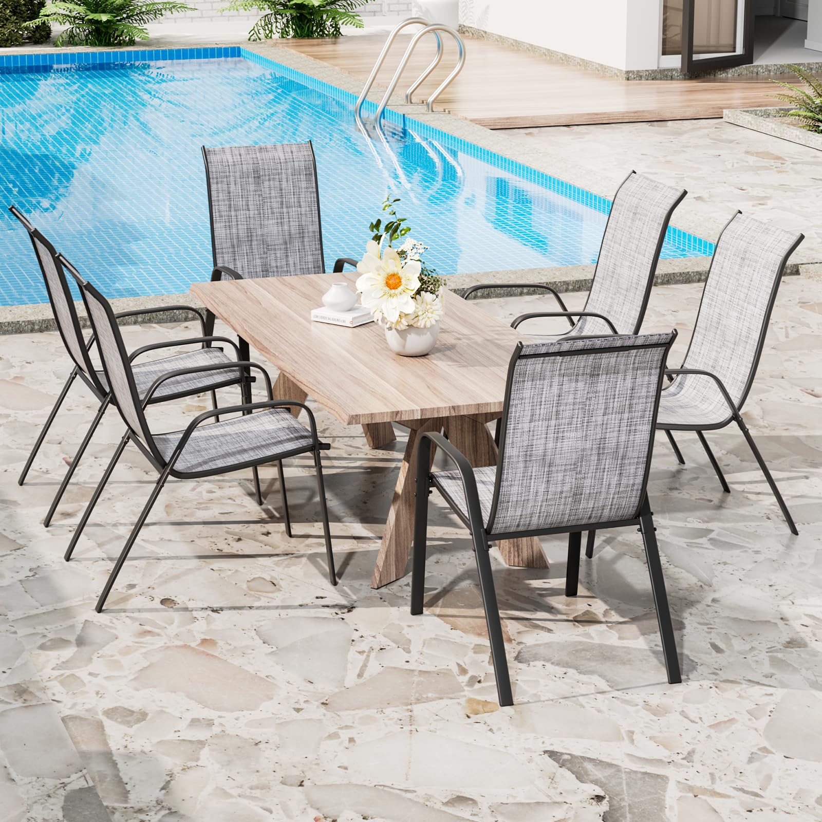 LIFERUN Sedia da giardino impilabile, da campeggio, impilabile, con schienale alto, in acciaio textilene, per giardini, cortili, balconi, ristoranti, 150 kg, portata: 54 x 69 x 93 cm 6pcs Lino grigio