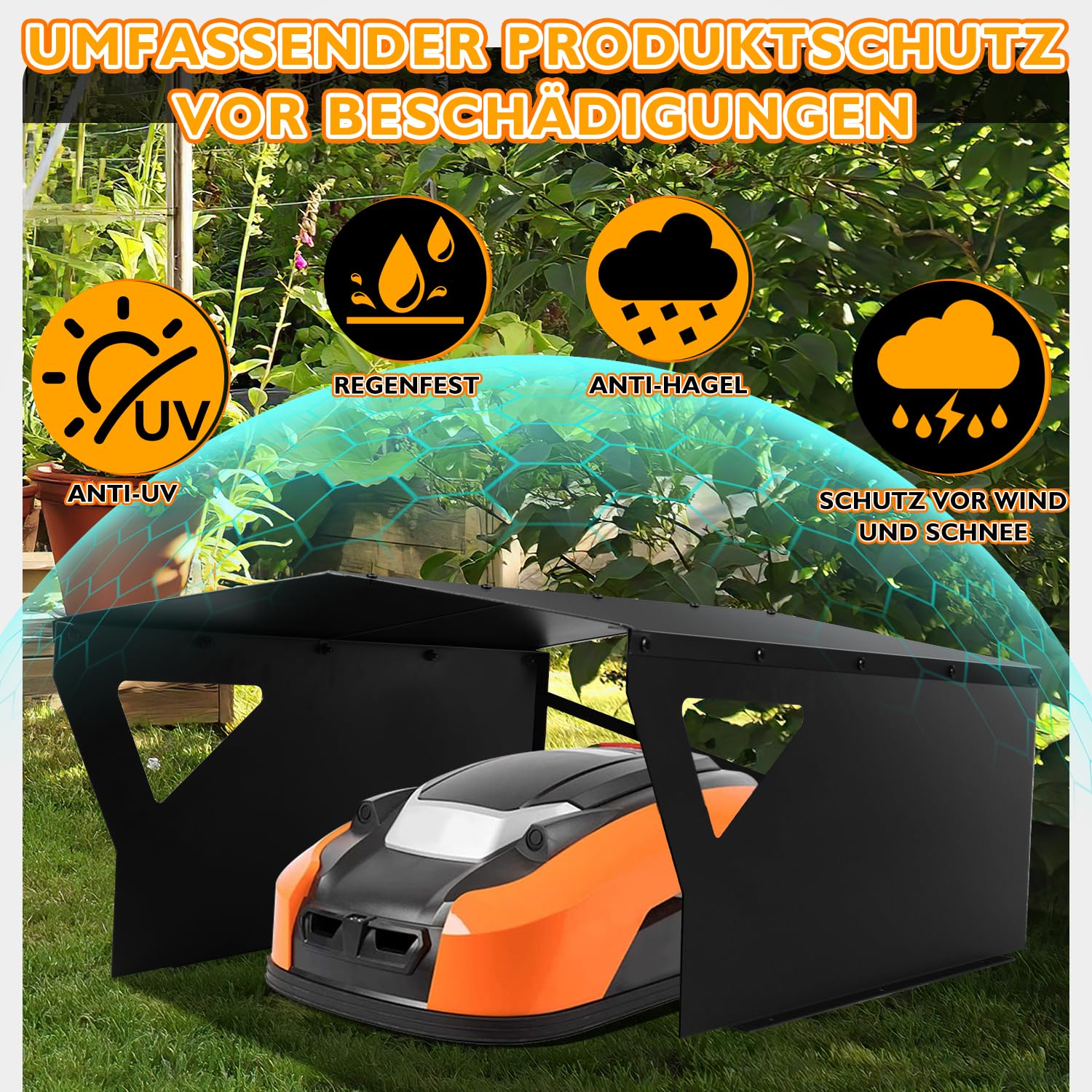 Abri de protection galvanisé pour tondeuse robot avec gants et protection UV - Idéal contre la pluie et la grêle - 78 x 60 x 34 cm - Noir