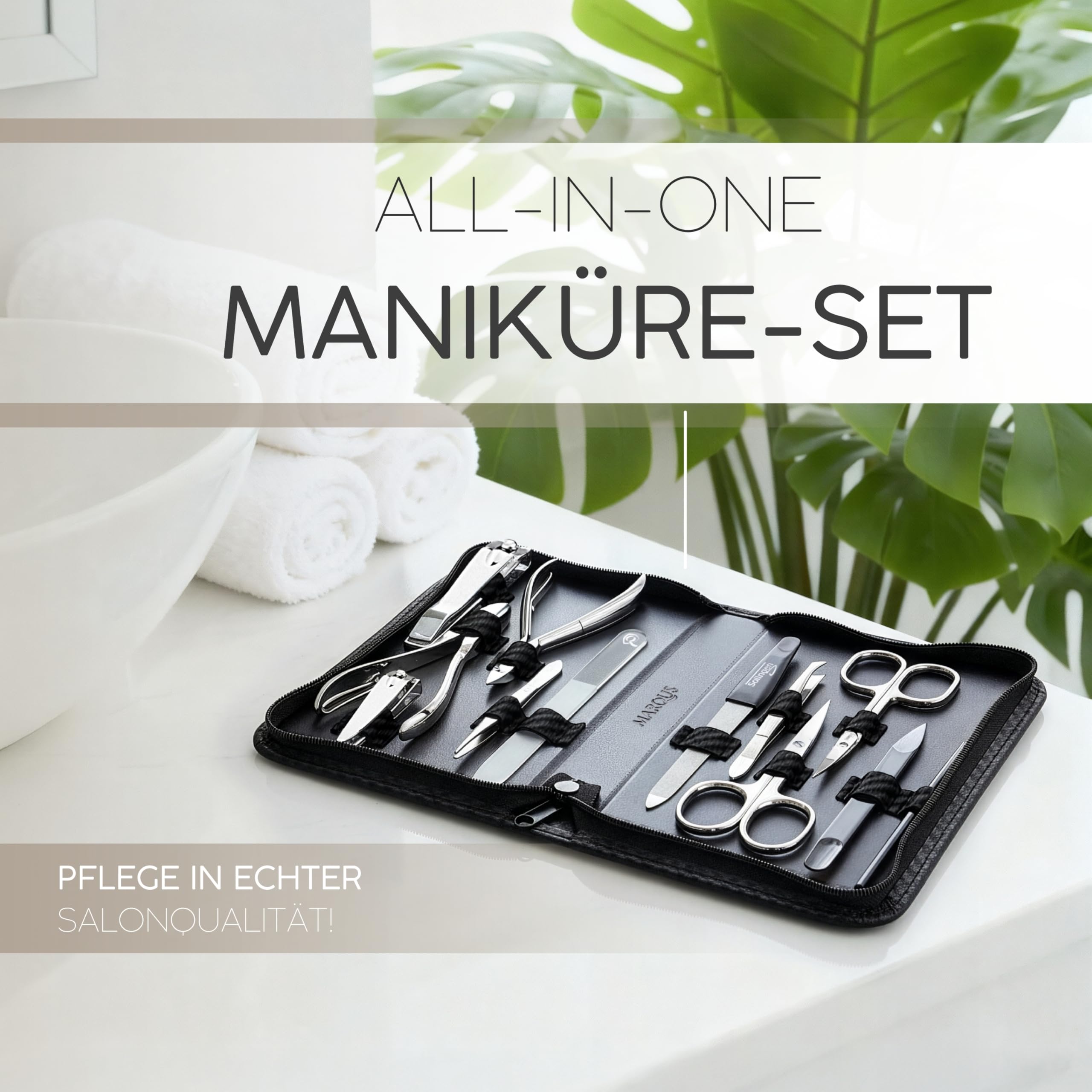 marQus Solingen Maniküre Set - 12 Teile in Kunstleder Etui handlich und weich - Komplett Kit mit allem für die Hand- und Fußpflege, Nagelset Carbon