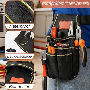 Tool Belts for Men, Durable Tool Belt Pouch with Adjustable Belt, Compact Small Tool Bag for Carpenters and Gardening, 26 x 13 cm