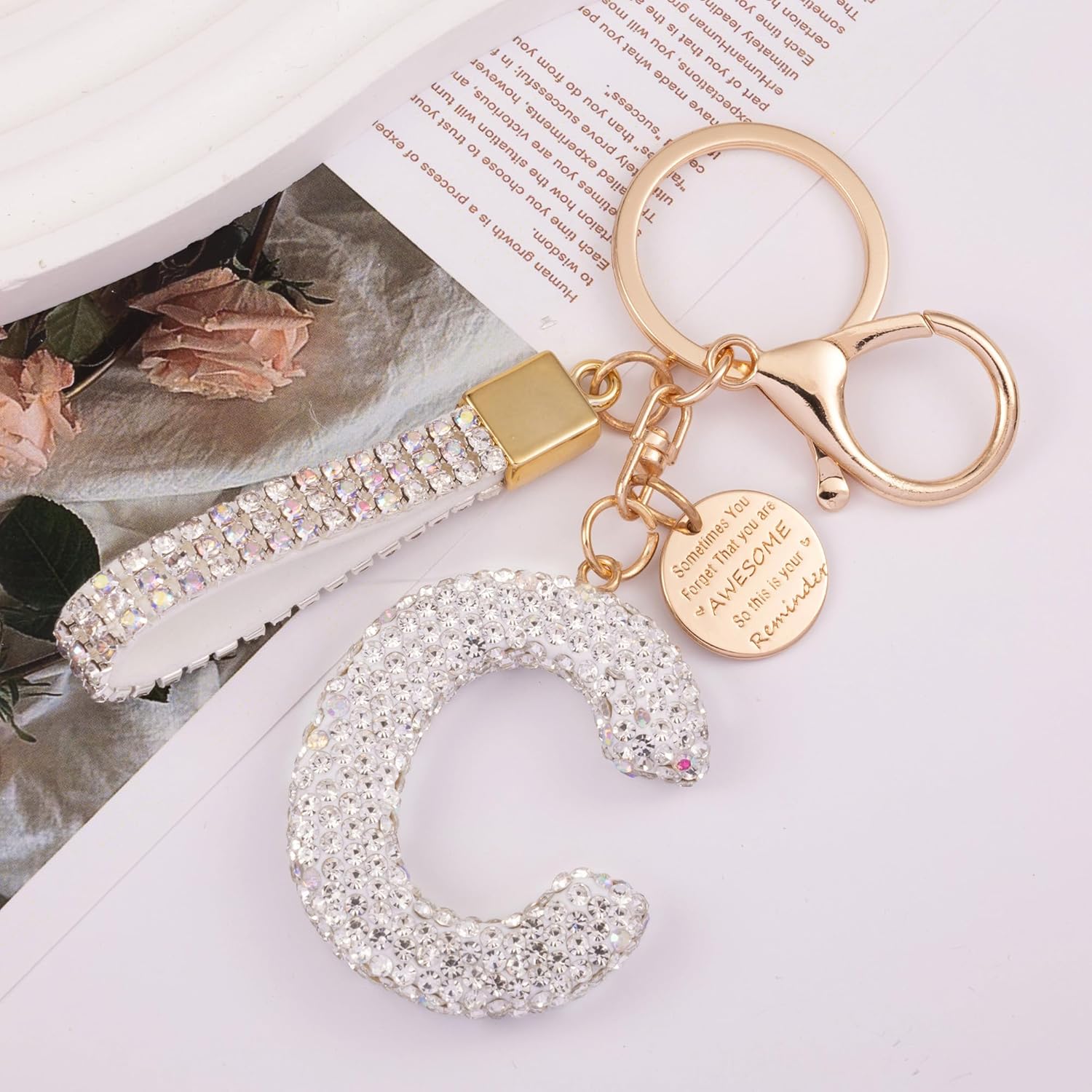 XGALBLA White Pink Black Initial Letter Keychain for Women Rhinestone Bling Cute Backpack Car Key Accessories Lanyard - Image 3