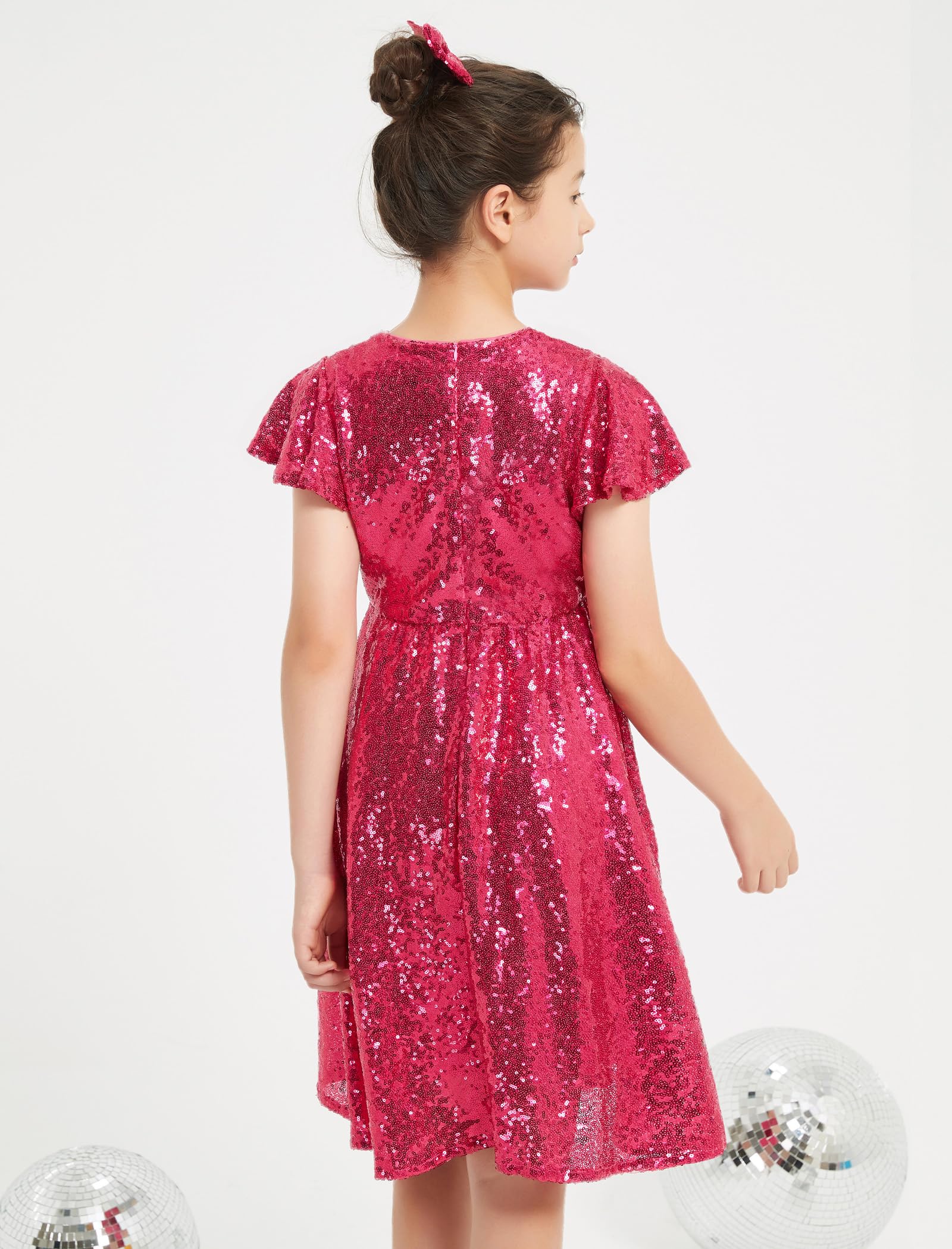 EXARUS Glitzernde Mädchenkleider mit Rüschenärmeln, Glitzer-Pailletten, Rundhalsausschnitt, A-Linie/figurbetont/Tunika-Kleid für Mädchen, 6–14 Jahre