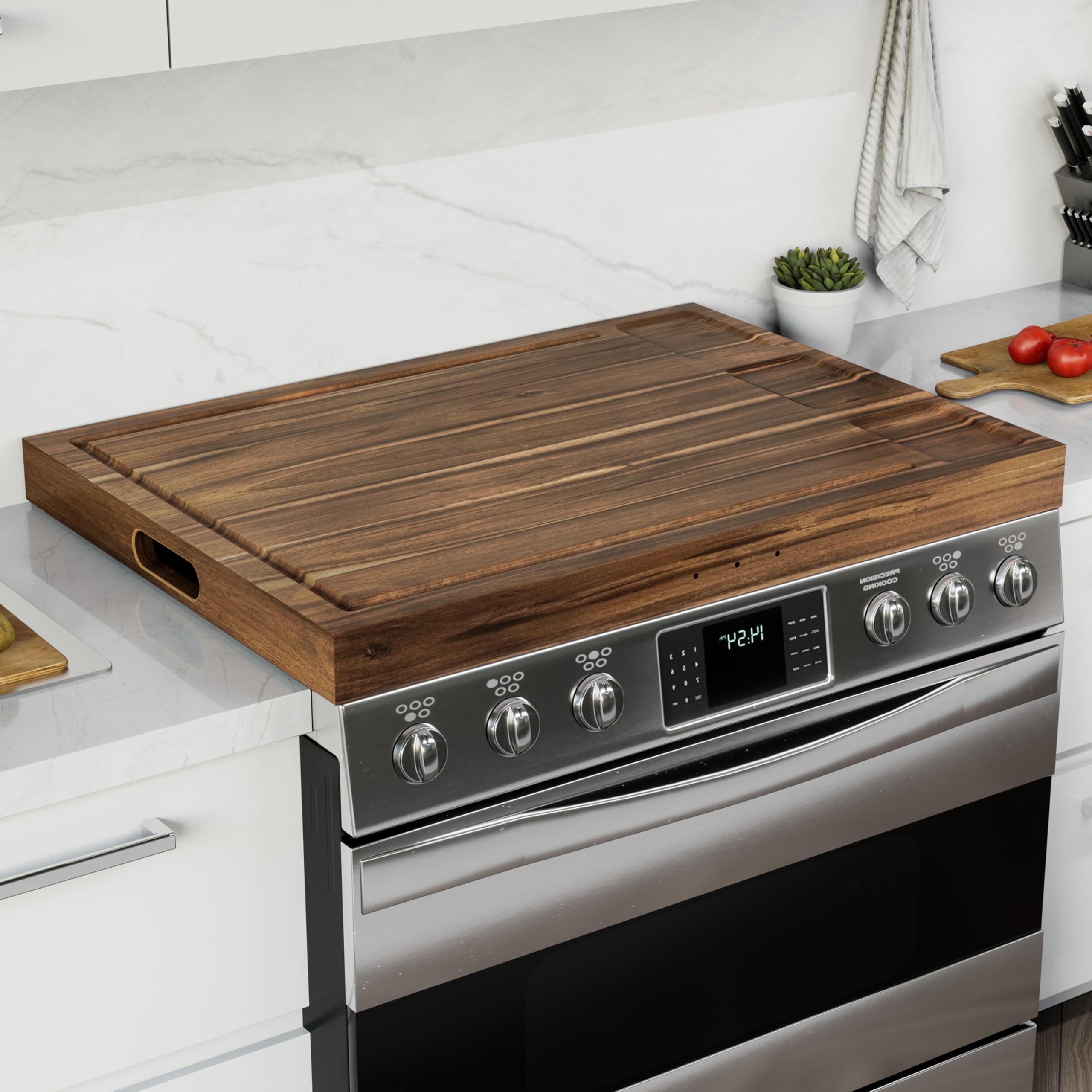 BLUEWEST Noodle Board Stove Cover with Handles, 3 in 1 Wood Stove Top Covers Board for Gas Burners and Electric Stove, Wooden RV Stovetop Cover, Tray for Kitchen Counter Space with Juice Grooves
