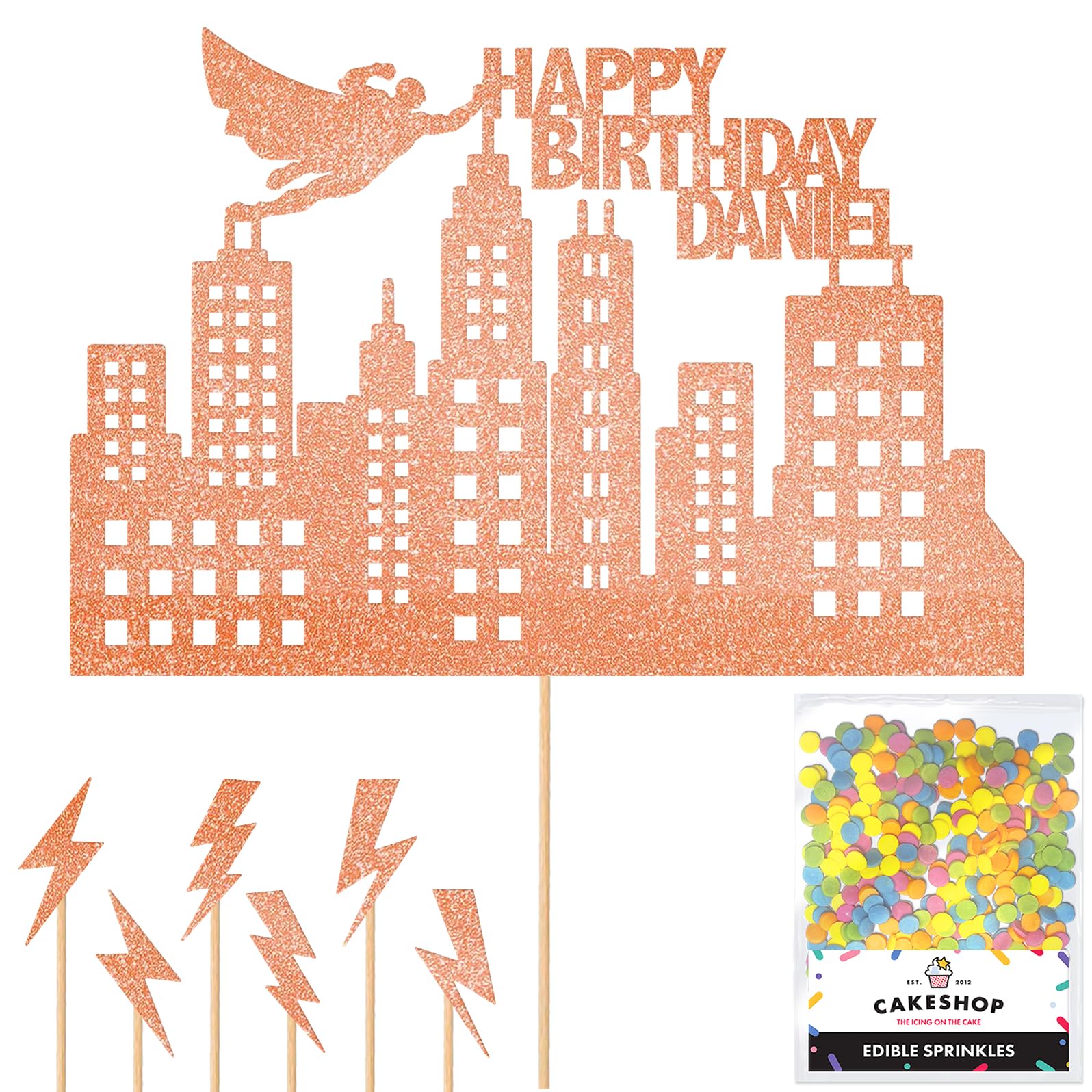 Personalised Superhero City Comic Glitter Cake Topper- Rose Gold Any Custom Name Glitter Cake Decoration and Sprinkles - Happy Birthday Decorations - Personalised Toppers for Cakes by Cakeshop
