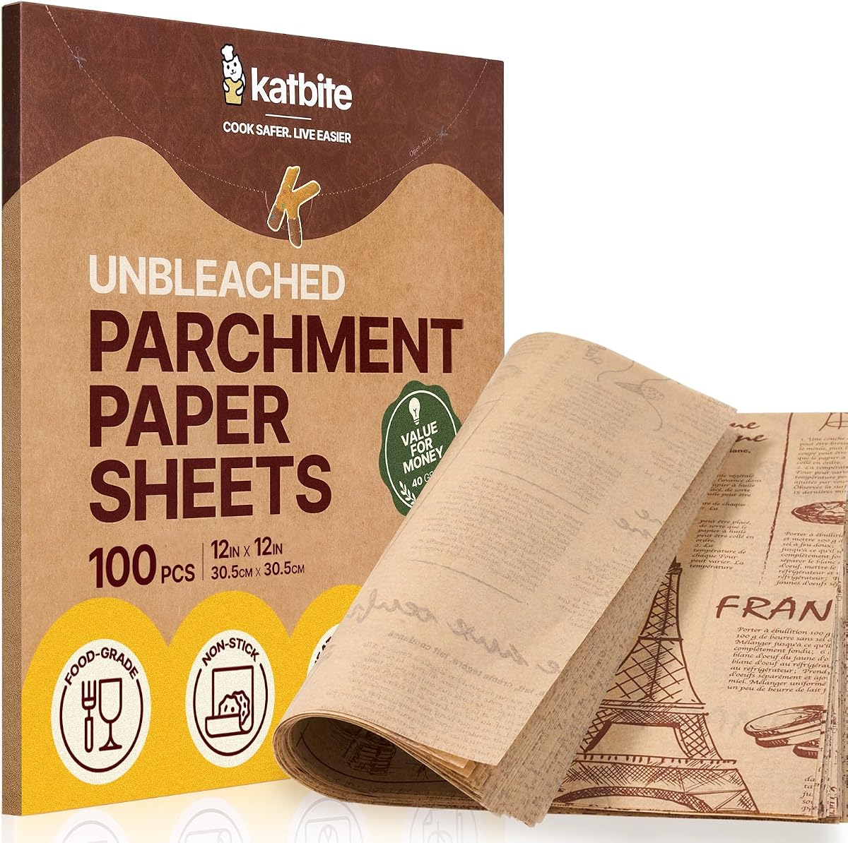 Katbite Papel de regalo para sándwiches de 12 x 12 pulgadas, 100 unidades, a prueba de grasa, antiadherente | Hojas de papel pergamino sin blanquear para envolver, ideales para pan, hamburguesas y sándwiches, papel periódico vintage, apto para uso alimentario