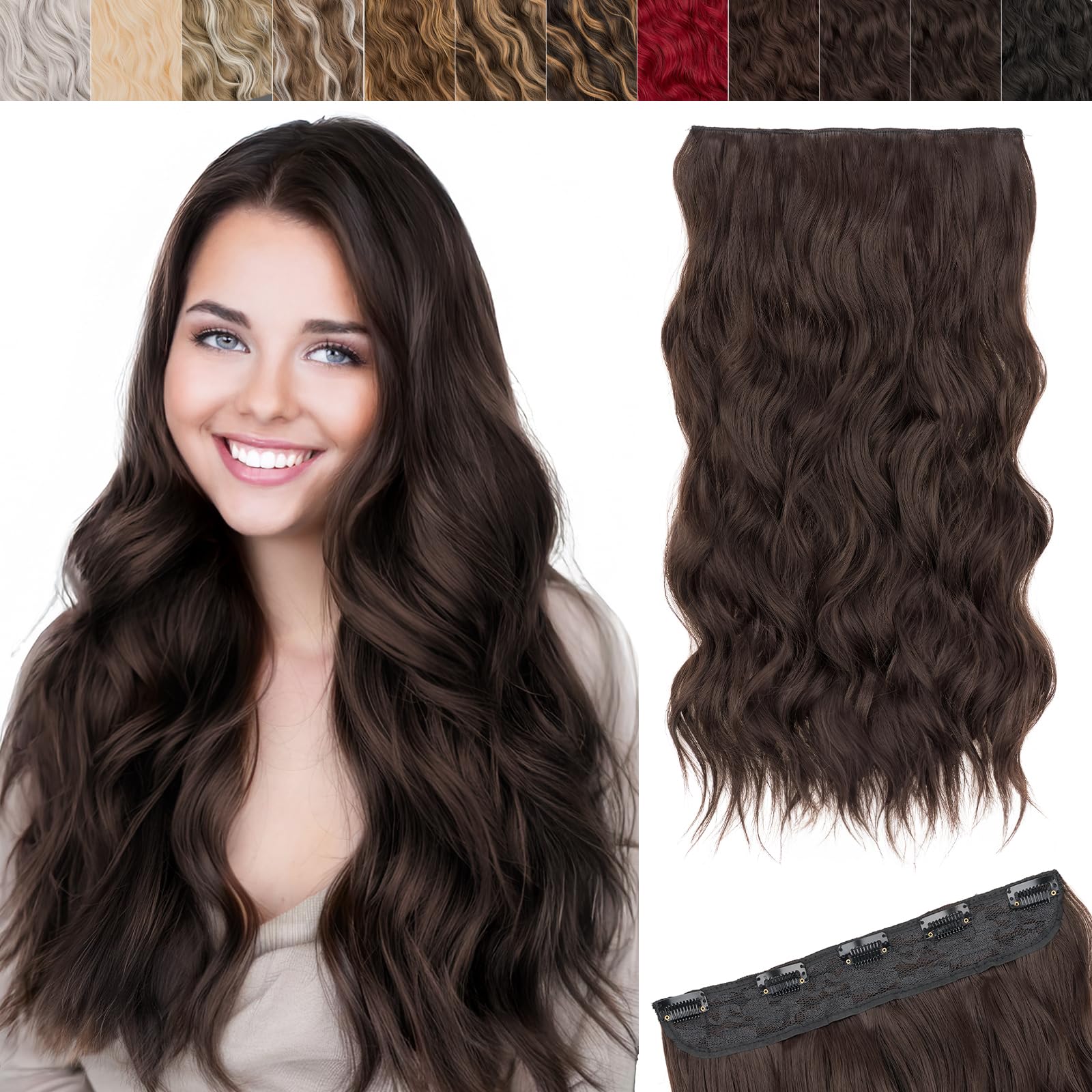 SEGO 3/4 Full Head Clip in Hair Extensions Long Wavy Synthetic Hairpiece 20 Inch One Piece Clip In Hairpiece With 5 Secure Clips