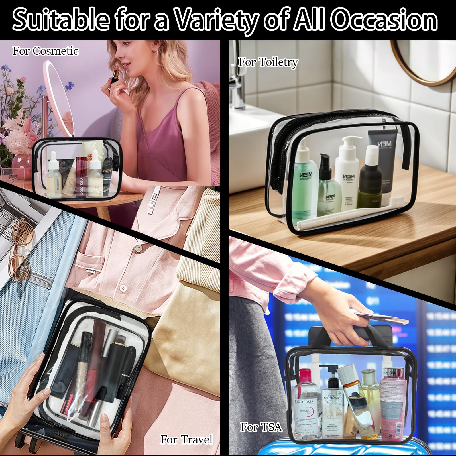 4-Pack Large Clear Toiletry Organizer Bags with Handle