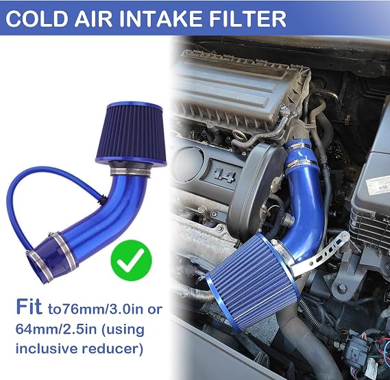 Universal Cold Air Intake Kit 3 76mm Cone Alumimum Air Filter Car Induction Kit for Cars Mods and Racing Performance Air Filter Enhancements，Air Purifier Filter for My Car (Blue)