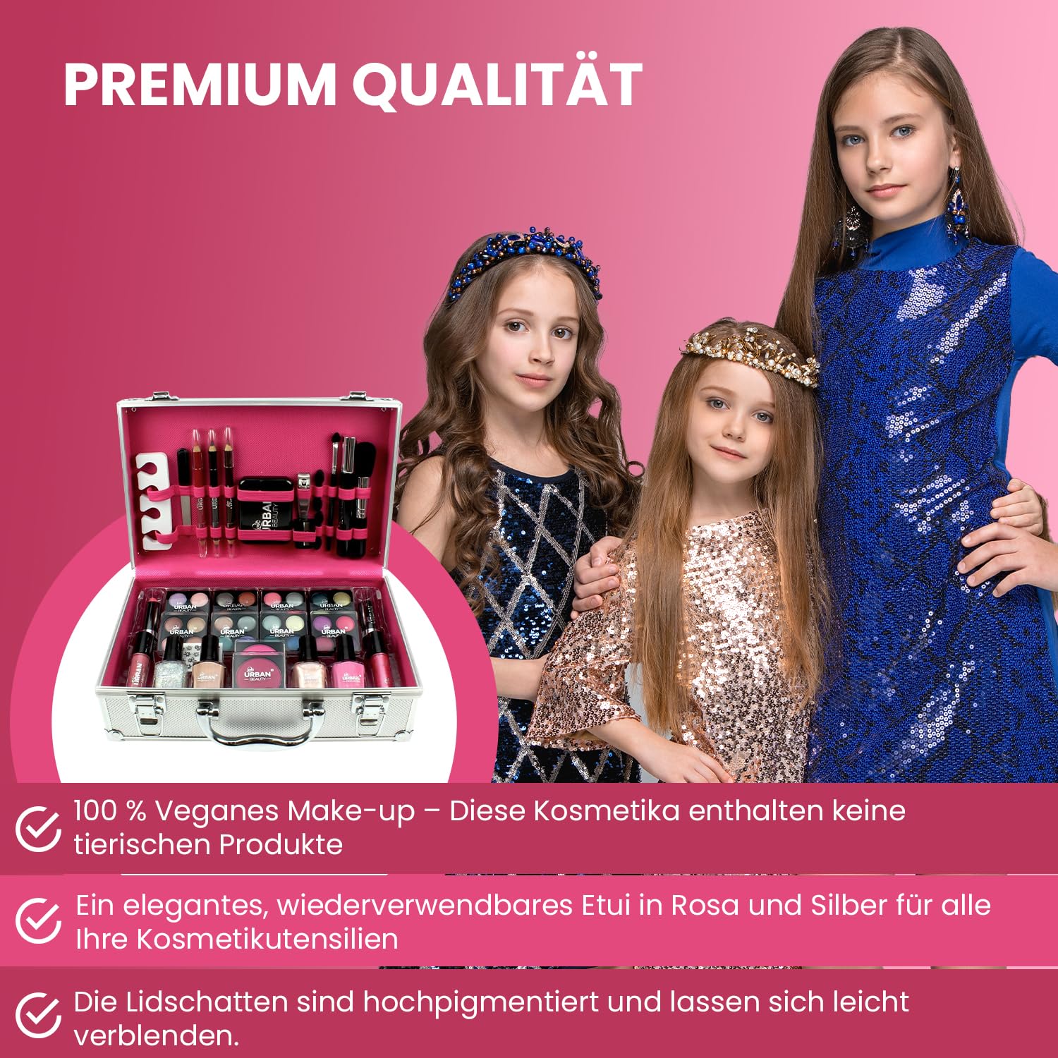 LOVE URBAN BEAUTY Veganes Glänzender Schminkkoffer - 60-teiliges Schmink- und Nagelset für Teenager - Elegante silberne Box - Kompaktes und leichtes Design - Reisefreundliches Schminkset für Frauen