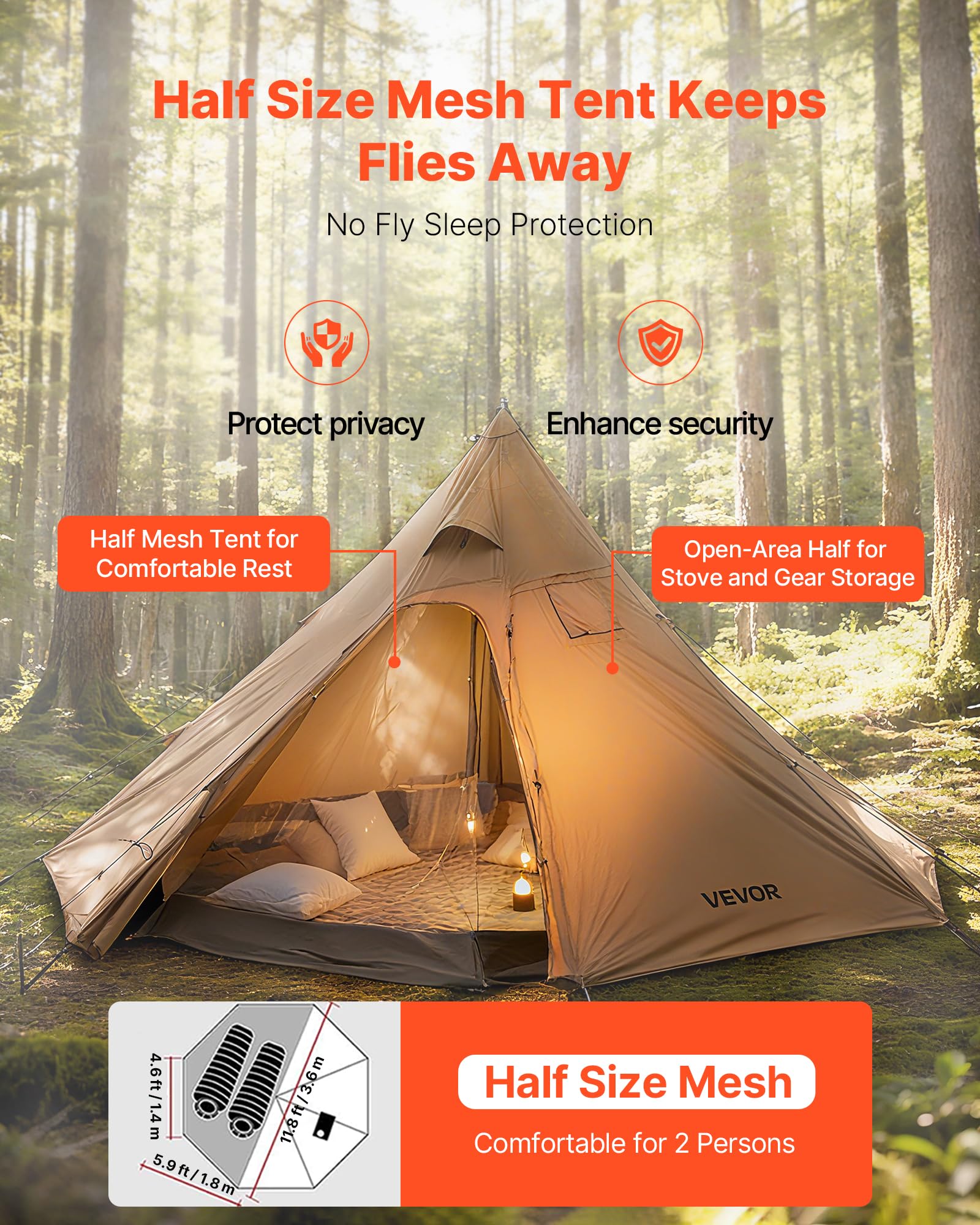 VEVOR Campingzelt für 4 Personen, Tipi-Zelt mit Ofenanschluss & Innenzelt, tragbare Wintercampingzelte mit Schneefang, wasserdichte 4-Jahreszeiten-Schutzzelte zum Angeln & Rucksackreisen