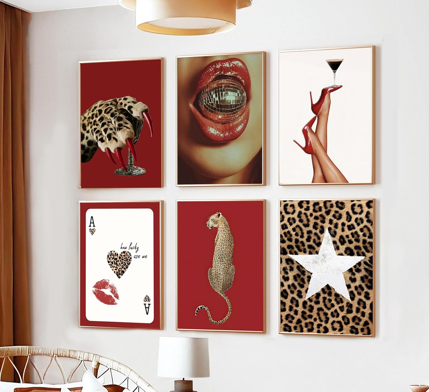 6pcs Trendy Red Fashion Leopard Wall Art Funky Lucky Wall Decor Ace Of Hearts Spades Poker Canvas Prints Vintage Room Aesthetic Pictures Posters Cheetah Painting for Girly Apartment Dorm Unframed