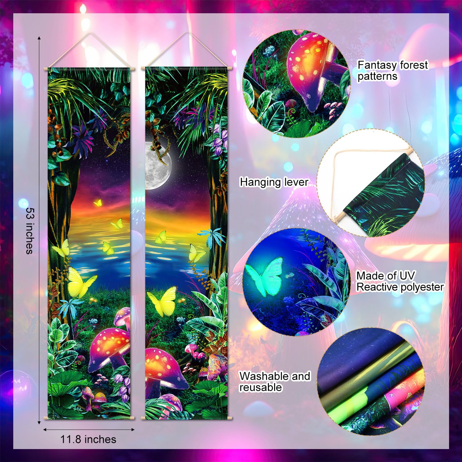 Tiamon 2 Pcs Black Light Art Wall Decor Trippy Blacklight Tapestry UV Reactive Tapestry Poster Banner Aesthetic Room Hanging Backdrop for Christmas Band Hippie Live Bedroom Home Decoration (Forest)