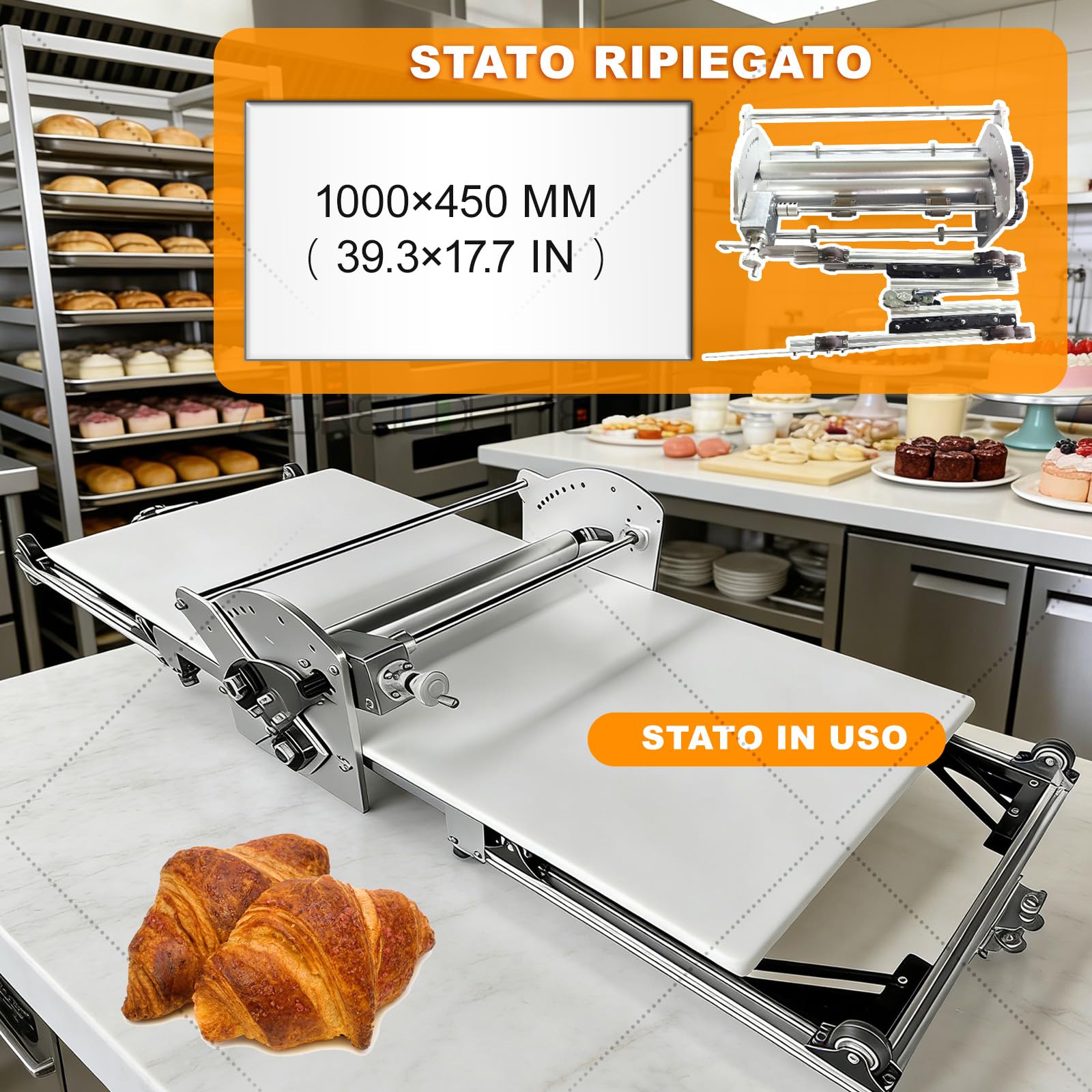Sfogliatrice Elettrica Per Pasta, Sfogliatrice Pieghevole Per Panetteria/Pizza/Croissant/Pasta Fondente, Acciaio Inossidabile+Spessore Regolabile 2-30 Mm+Impasto Reversibile,40×17.7in Tavola