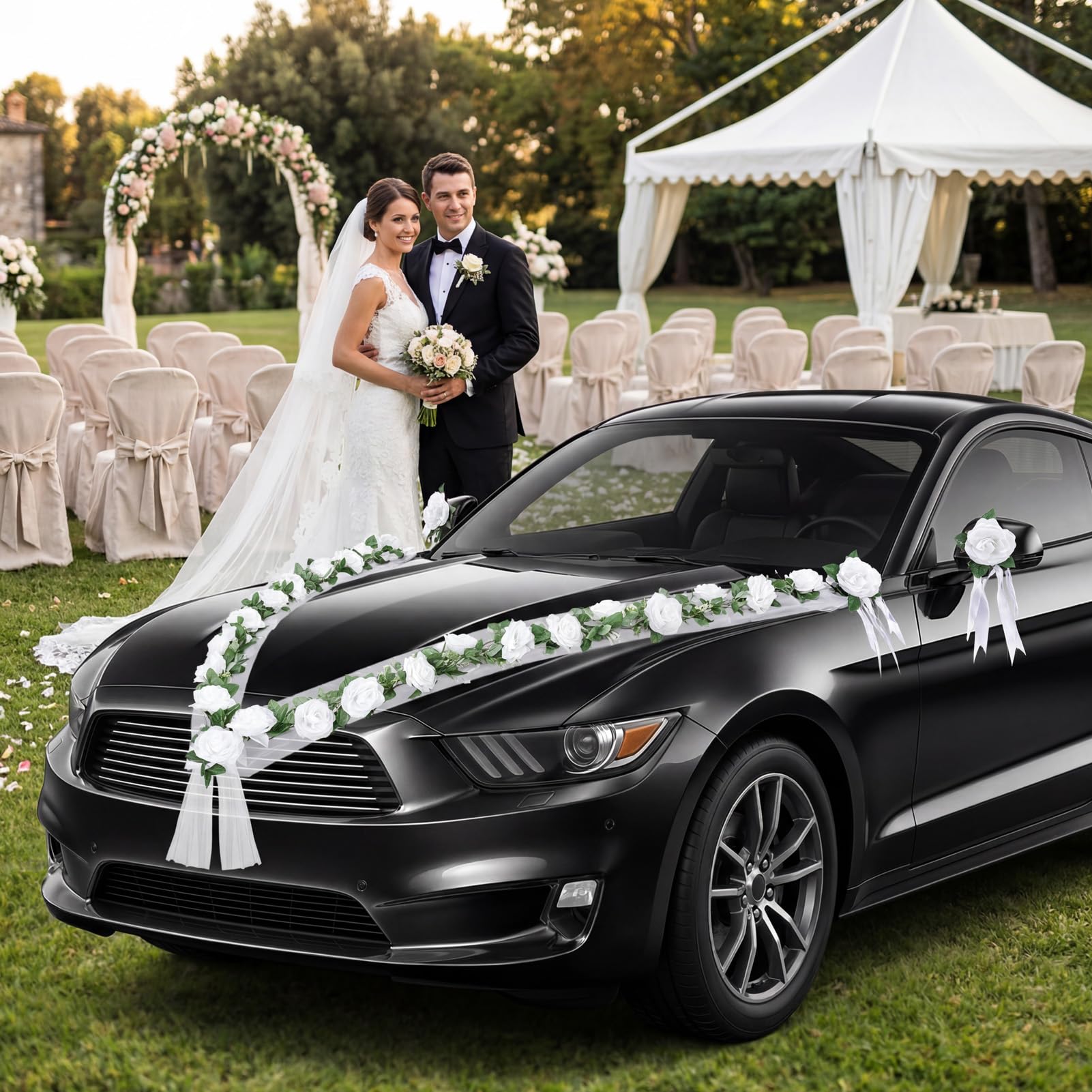 Autoschmuck Hochzeit Motorhaube, Autoschleifen Hochzeit Auto Deko, Auto Hochzeitsschmuck mit 2 x Langerförmig Girlande, 4 x Türgriffblume, 2 x 180cm Tüll – Blumenschmuck Auto Wedding Deko Girlande
