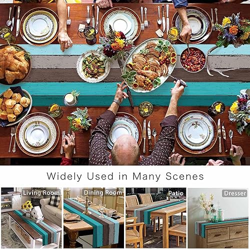 Miniatura 194 de Camino de mesa de algodón y lino estilo granja rústico retro, textura de madera de granero, color degradado marrón y gris, antideslizante,