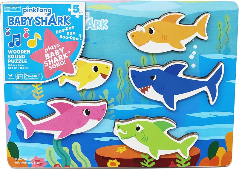 Spin Master Games, Pinkfong Baby Shark Rompecabezas musical de madera con sonido, reproduce canción viral, 5 piezas, juguetes para niños pequeños, para edades de 2 años en adelante