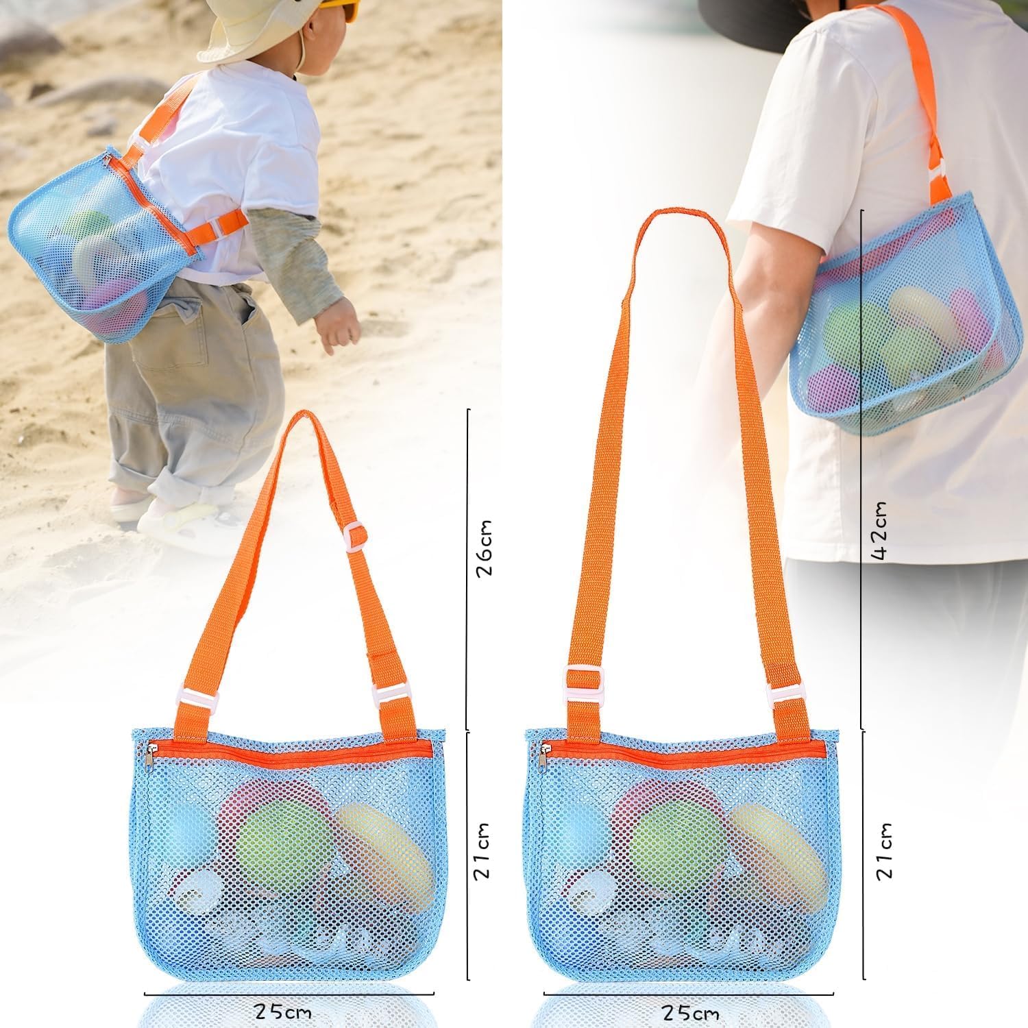 Large Kids Stainless Steel Beach Mesh Shovel with Adjustable Polyester Mesh Bag for Shells Collecting, Metal Sand Scooper for Picking Up Fossils, Big Shark Tooth Sifter Dipper Sandbox Toy for Children