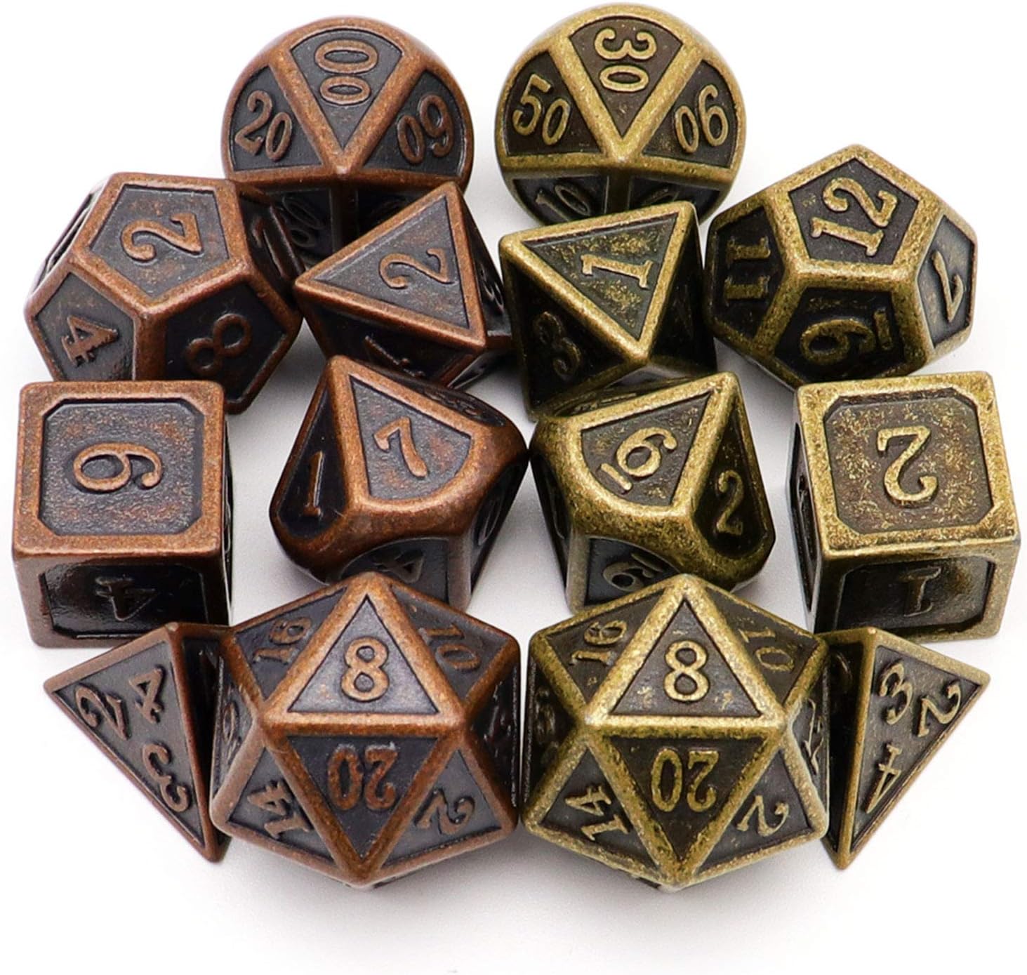 Haxtec Ancient Copper Metal DND Dice Set D&D Compatible with Dungeons and Dragons Gifts TTRPG Games (2 Pack-Antique Copper+Antique Bronze)