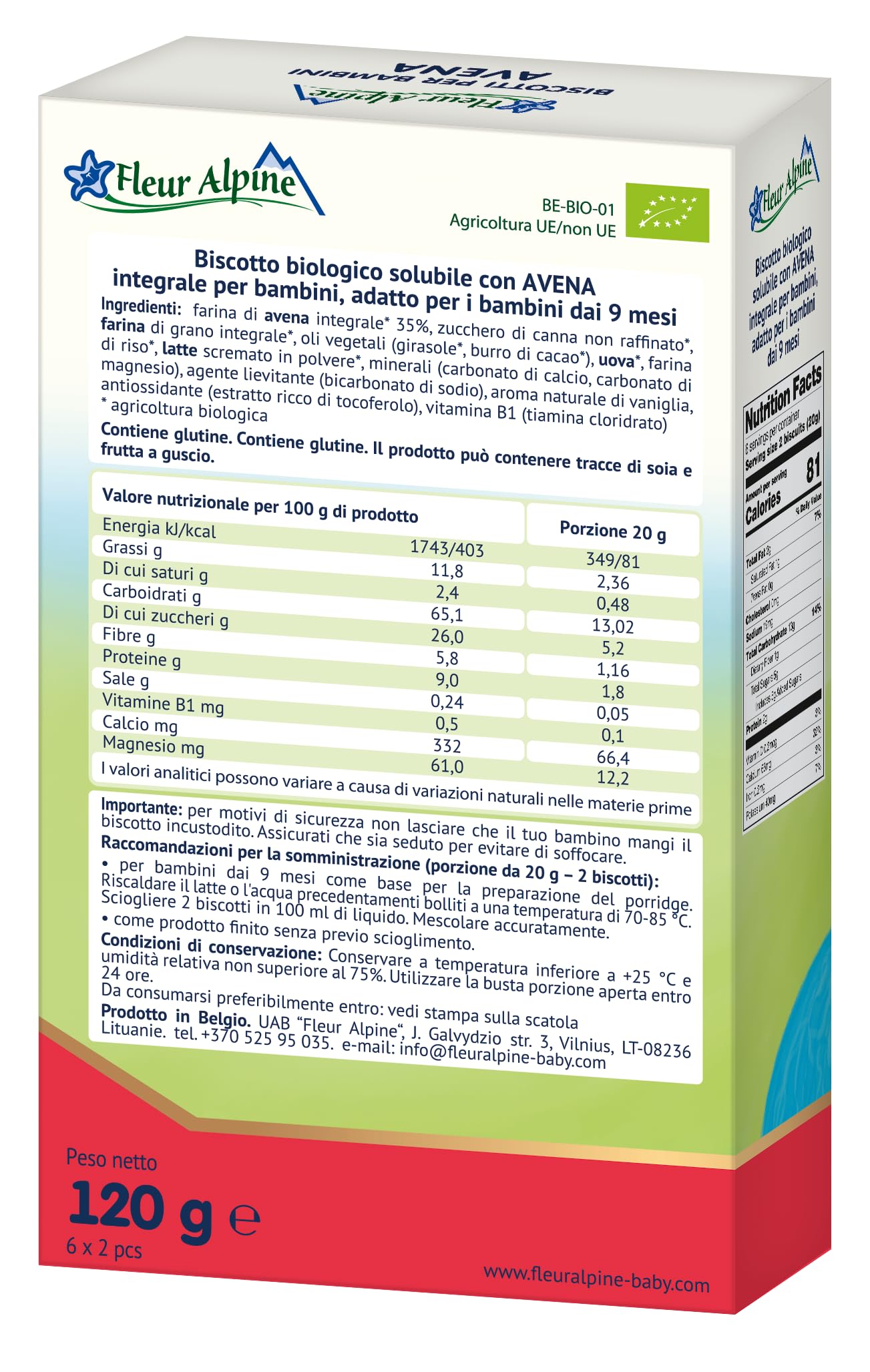 FLEUR ALPINE Biscotti Baby - Confezione da 12 x 2 deliziosi snack per bambini per una deliziosa colazione a base di porridge - Semplici biscotti integrali - 9 mesi