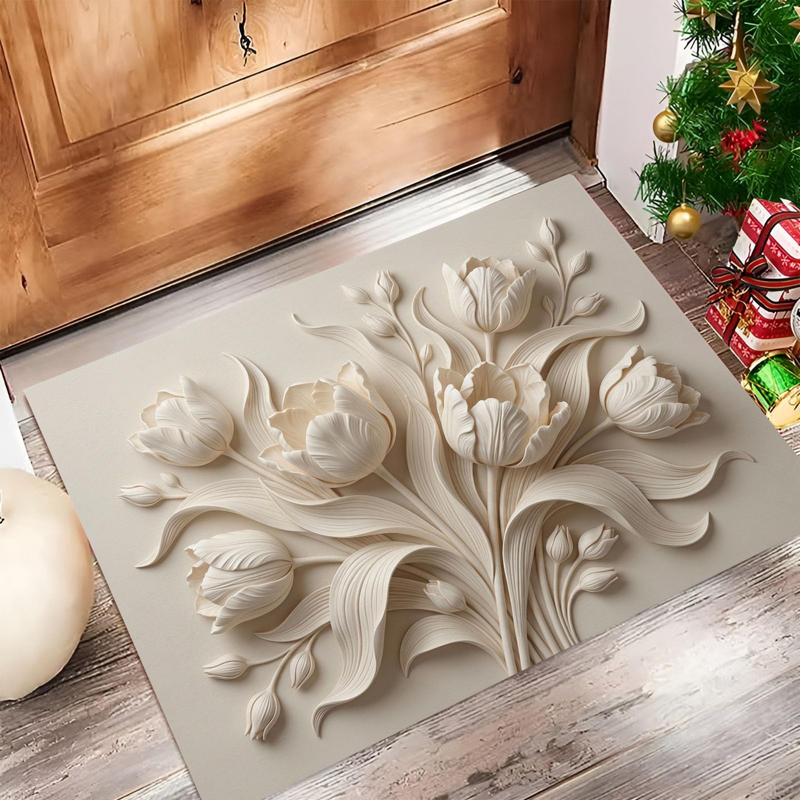 Zerbino Ingresso Interno Rilievo Tridimensionale Un Elegante Tulipano, Zerbino Di Benvenuto Lavabile Morbida Piante Naturali, Antiscivolo Tappeto Da Decorazioni Beige Per Casa Porta, 60X90Cm