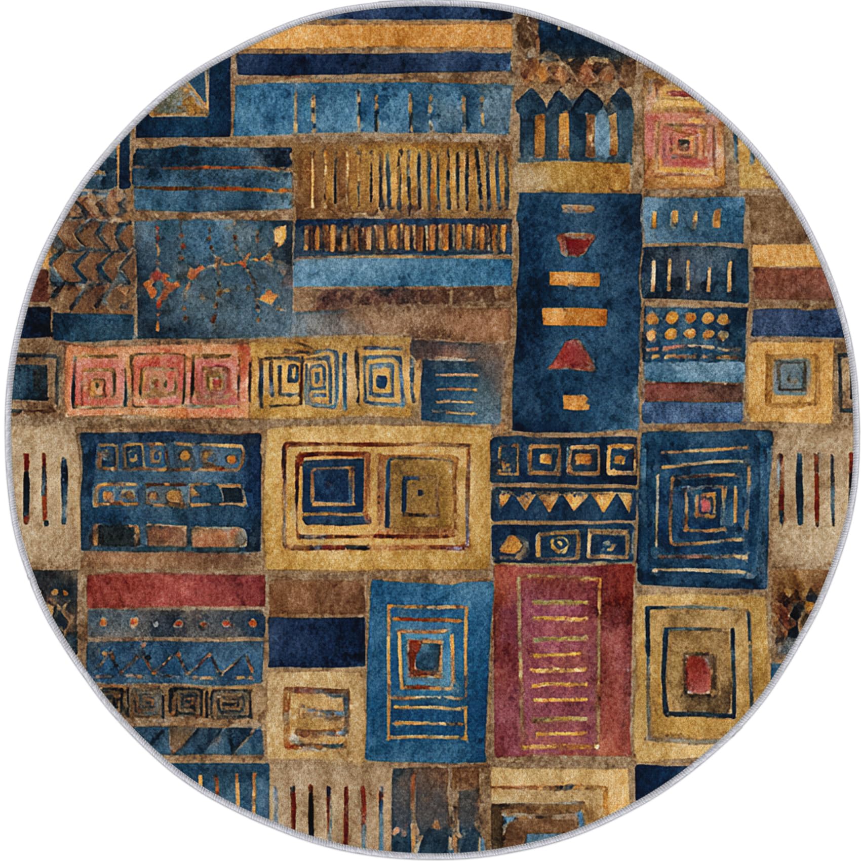 Tapis Rond Marocain Salon Chambre 100 cm de Diamètre | Motif Afrique Bleu Jaune, Antidérapant, Lavable, Poil Ras, Doux Carpet, Decoration, Moquette, Paillassons