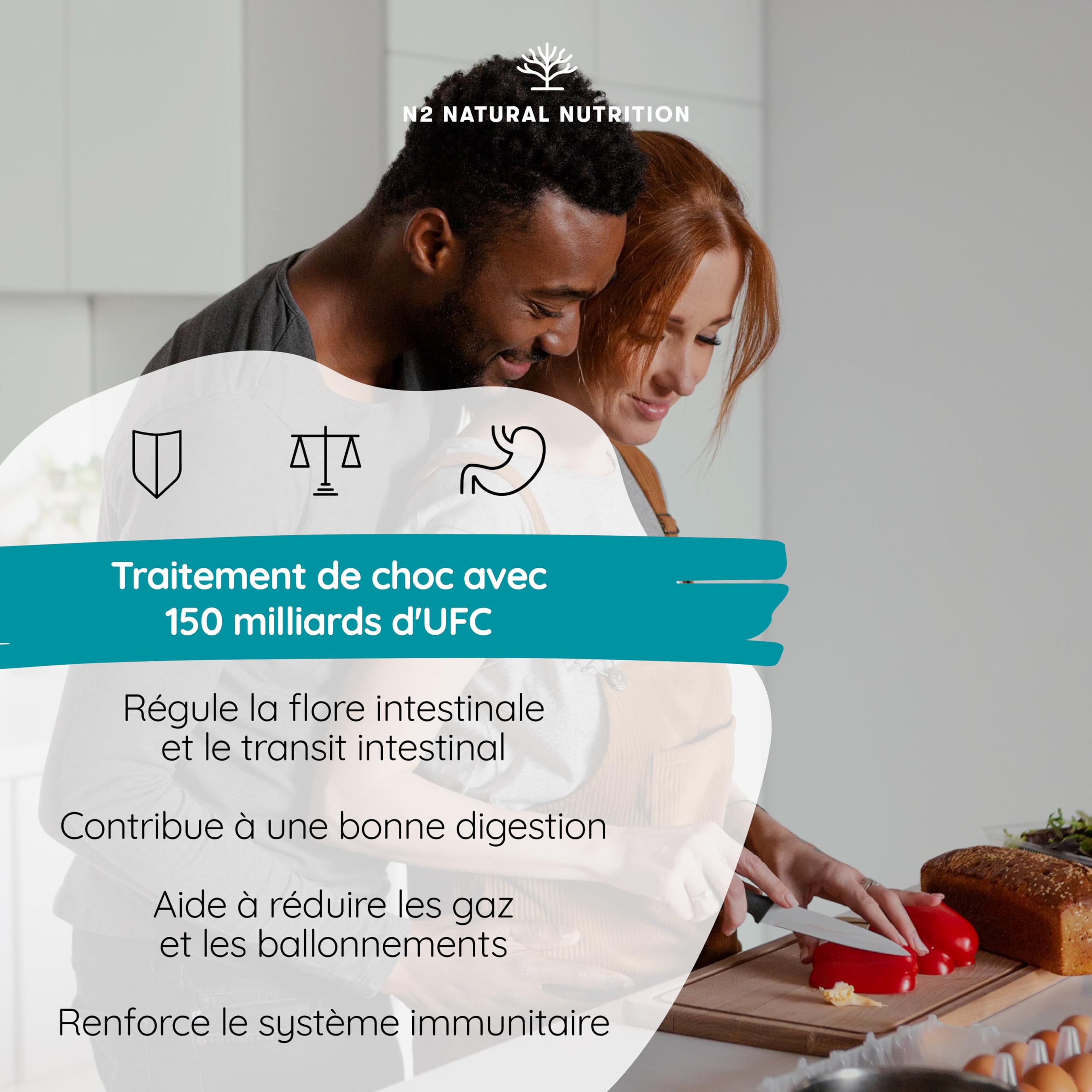 Probiotique Flore Intestinale 150 Milliards UFC, 20 Souches de Bactéries + Zinc + Inuline. Probiotiques pour la Régénération Digestive et Microbiote. 90 gélules, Végétalien. N2 Natural Nutrition